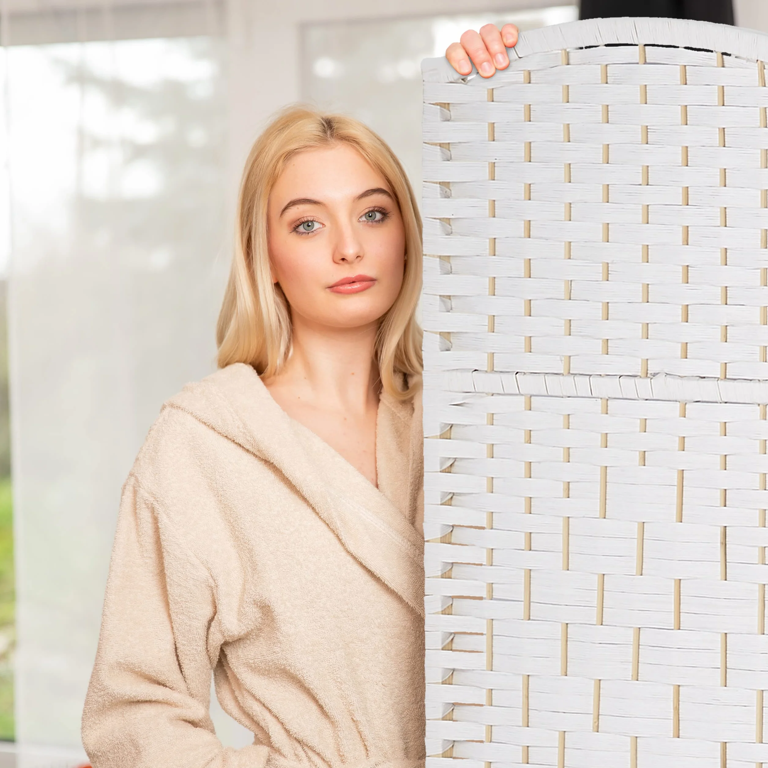 Relaxdays Biombo 6 Paneles, 170 x 240 cm, Separador Ambientes Plegable, Madera y Cuerda de Papel, Mampara en Blanco