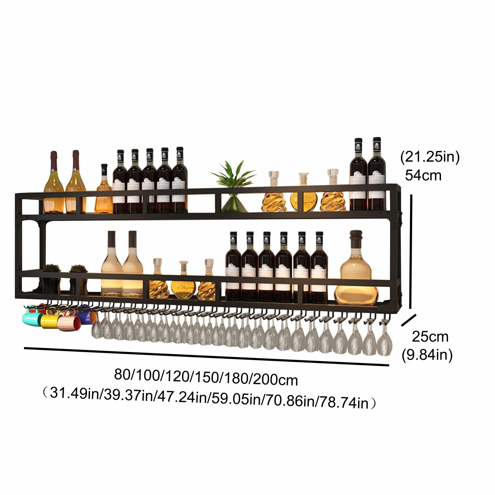 Botellero Vino Pared con Luz Mueble Bar Garrafeira Mini Bar Wine Rack Mueble Comedor Cocina con Soporte Copas Colgante Estantes de Almacenamiento para Bar Sala de Estar y Cocina(Black,2 LAYERS_150CM(5