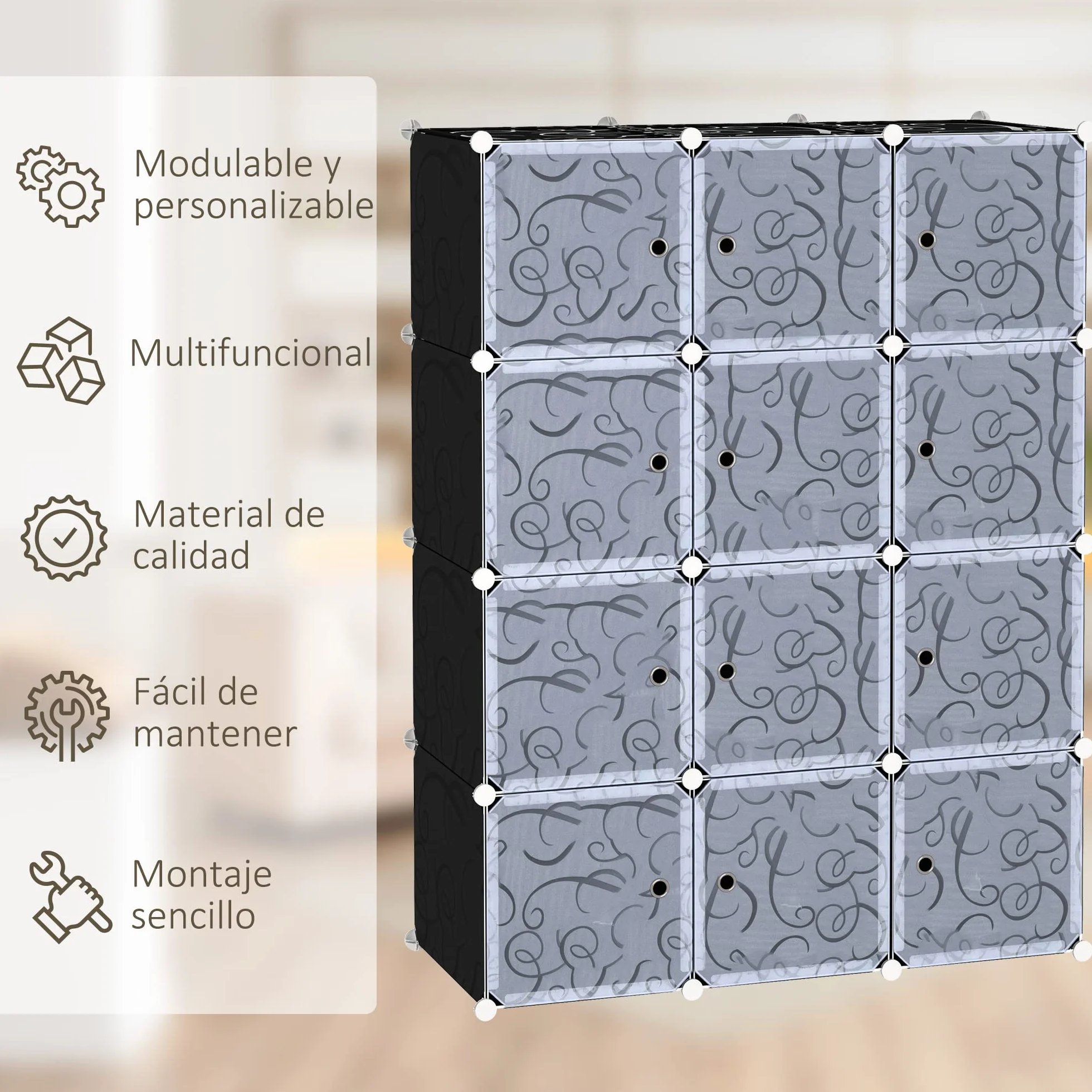 HOMCOM Armario Modular Plástico Estantería 12 Cubos con Puertas