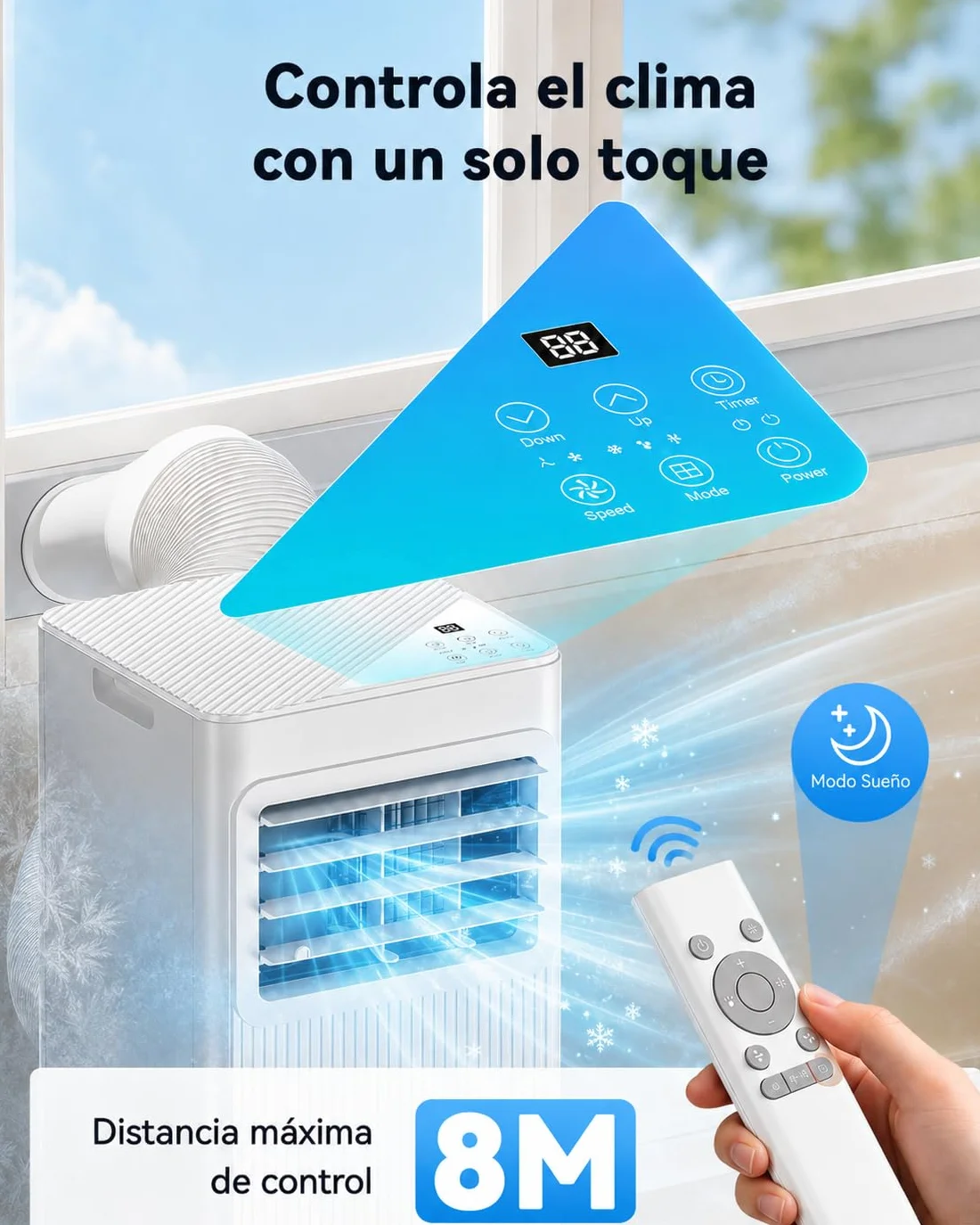 Aire Acondicionado Portátil 7000 BTU, Climatizador 4 en 1 (Frío, Ventilador, Deshumidificador 19L/D, Noche), Bajo Consumo, Silencioso, Temporizador 24H, Mando, Kit de Ventana Incluido, Blanco