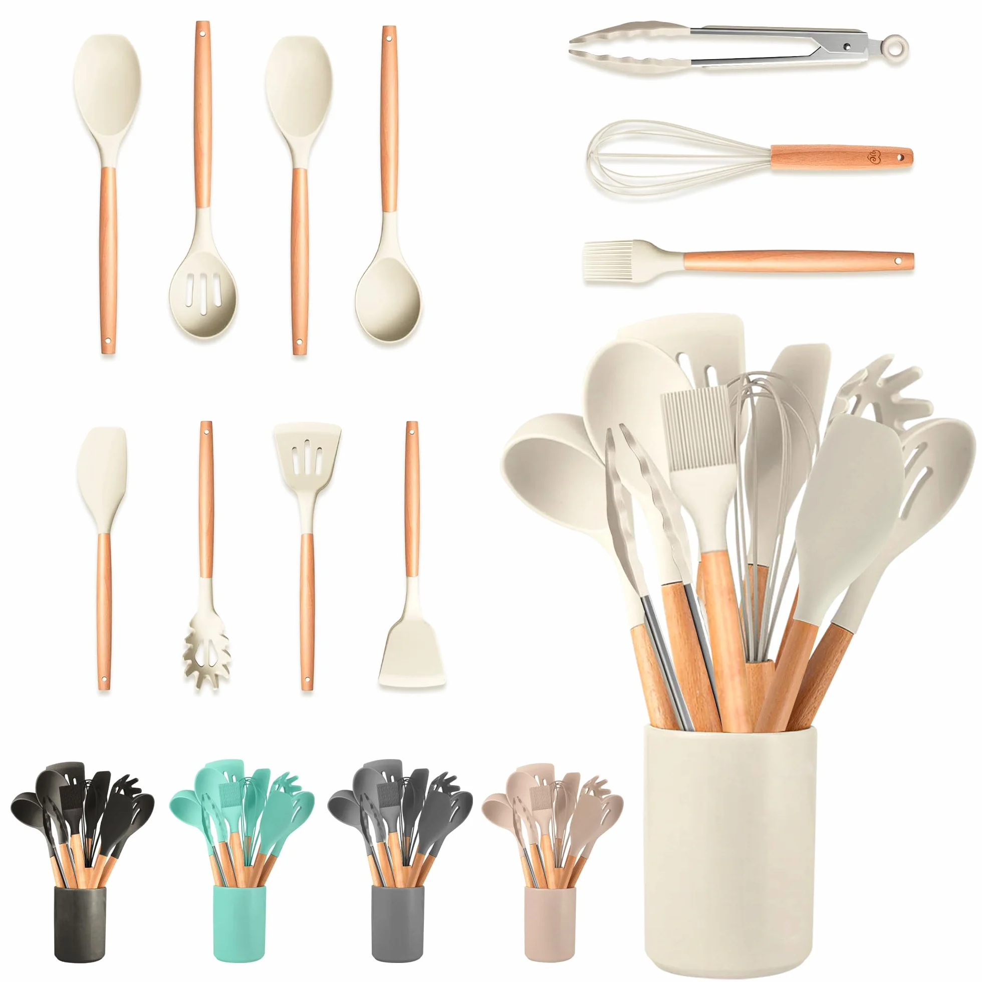 Juego de Utensilios de Cocina de Silicona 12 Piezas con Mangos de Madera y Soporte Organizador Beige