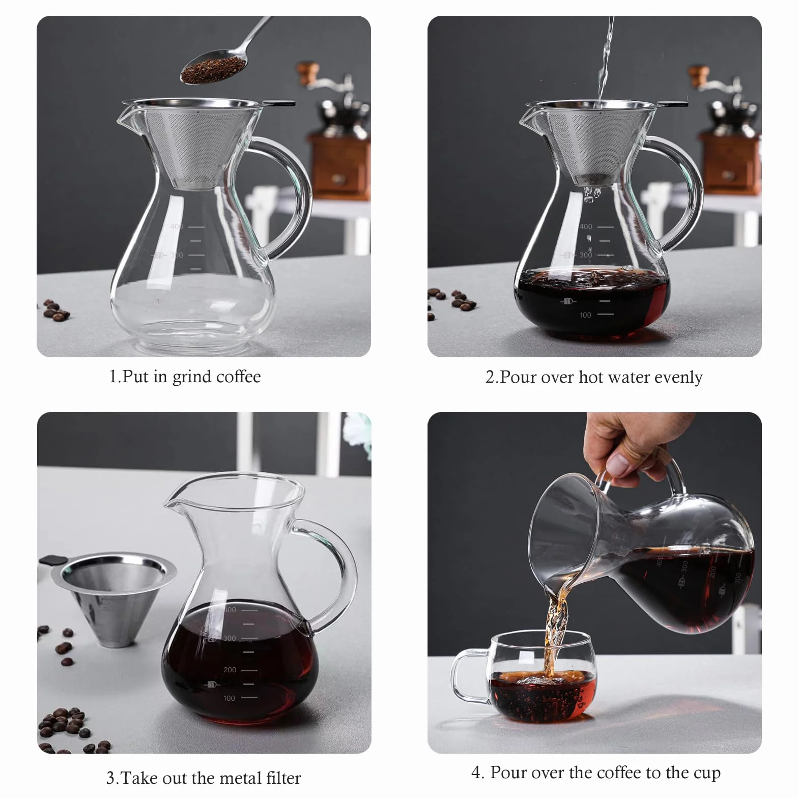 Pour Over Coffee Maker, 400ml Vaso Cafetera Goteo Manual con Filtro Café Reutilizable y Mango Resistente al Calor, Cafetera Goteo Pequeña Prepara Hasta 2 a 3 Tazas para Baristas