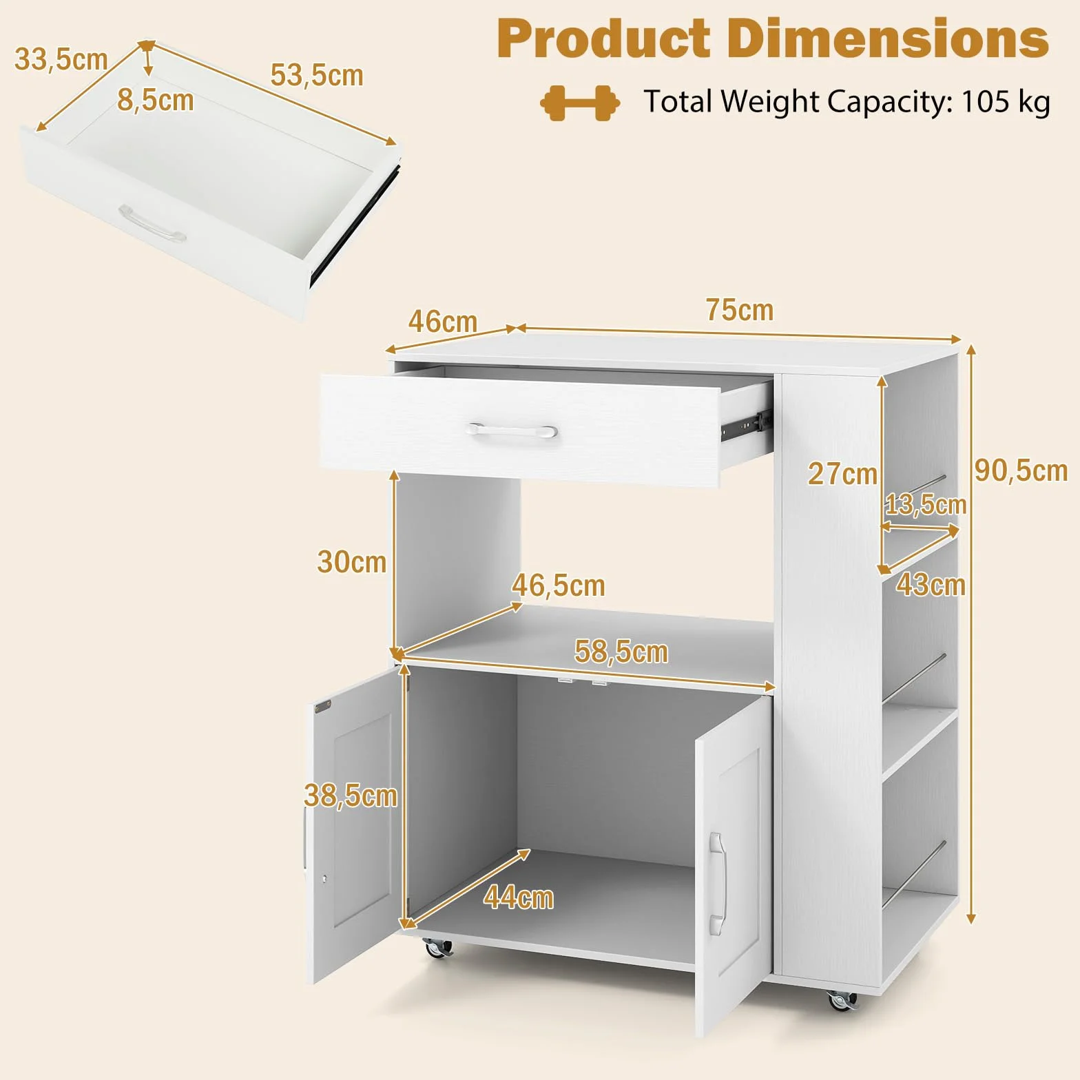 GIANTEX Carrito de cocina con ruedas, isla de cocina con encimera, isla de cocina móvil de madera, armario de cocina, carrito de servicio con cajón y 3 estantes, carrito de cocina (blanco completo)