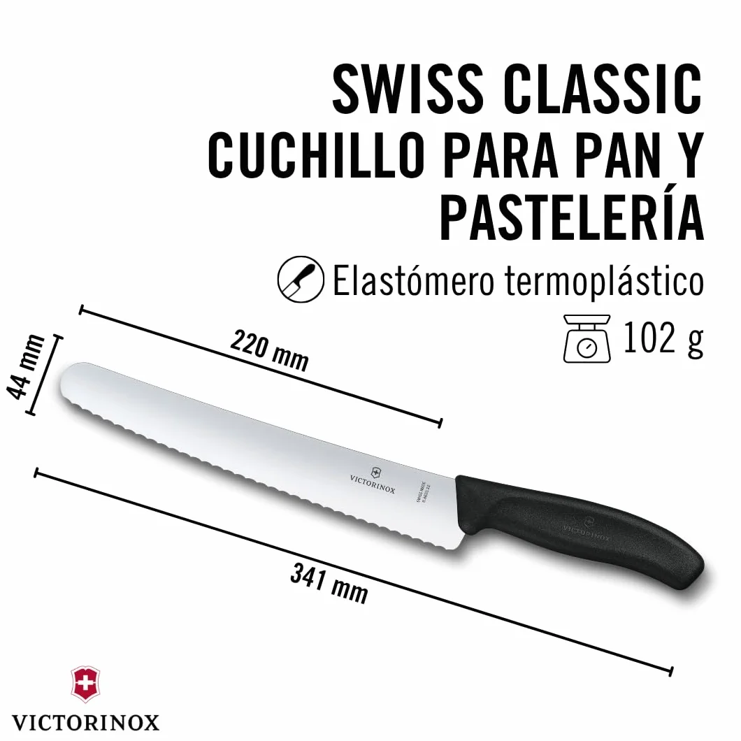 Victorinox Swiss Classic Cuchillo para pan con filo dentado, redondo, fabricado en acero inoxidable, apto para el lavavajillas y de color negro