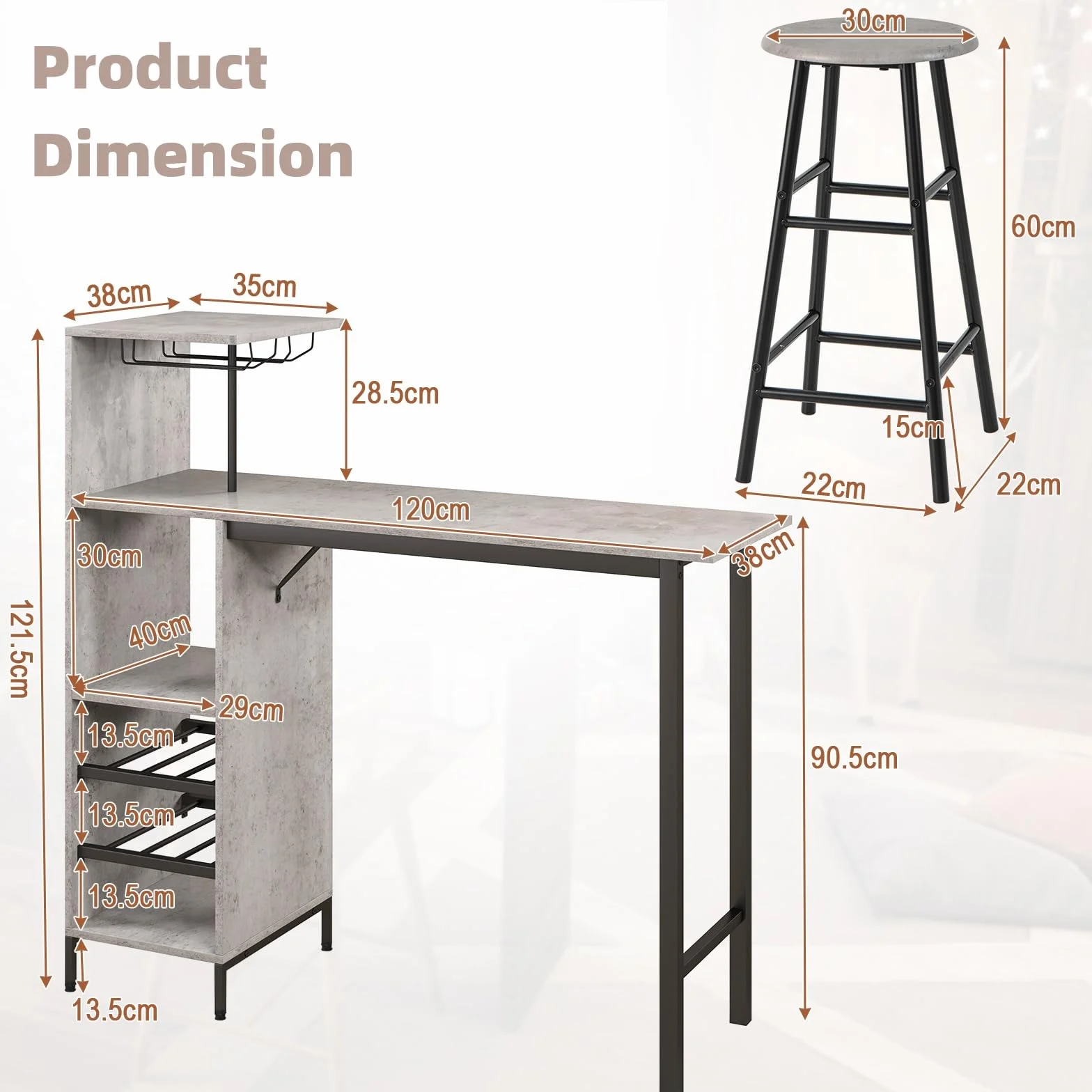 LIFEZEAL Juego de Comedor con 2 taburetes de Bar, Barra de Cocina con 2 sillas Altas, Mesa de Bar con peldaños Abiertos, botellero para Copas de Vino, para Cocina, salón y Bar (Gris)