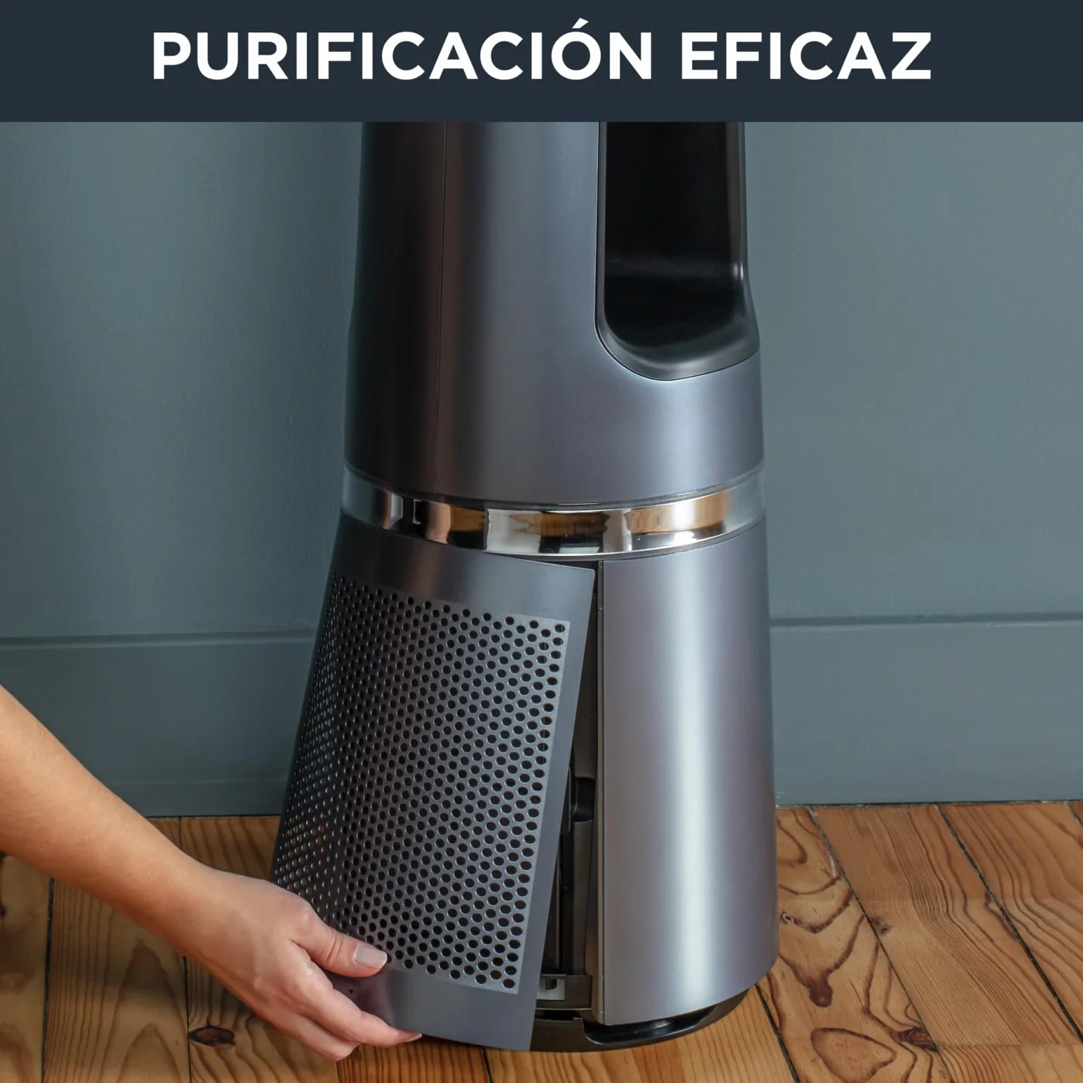 Rowenta 2 en 1 Purificador de Aire y Ventilador, 12 Velocidades, Oscilación, Filtra Partículas Finas hasta el 99,95%, Silencioso, Mando a Distancia, Plata, Eclipse, QU5030