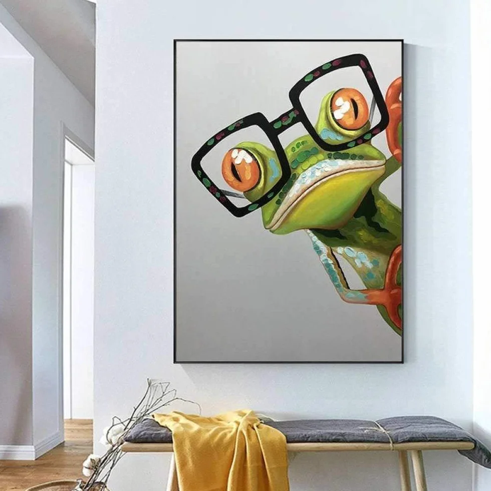 Mano Pintura Óleo Pintada Cuadros,Arte Animal Abstracto Pintura Acrílica 100% Pintada A Mano Gafas Verdes Rana Obra De Arte Moderna Arte De Pared Extra Grande Sin Marco Pinturas Frías Decoración
