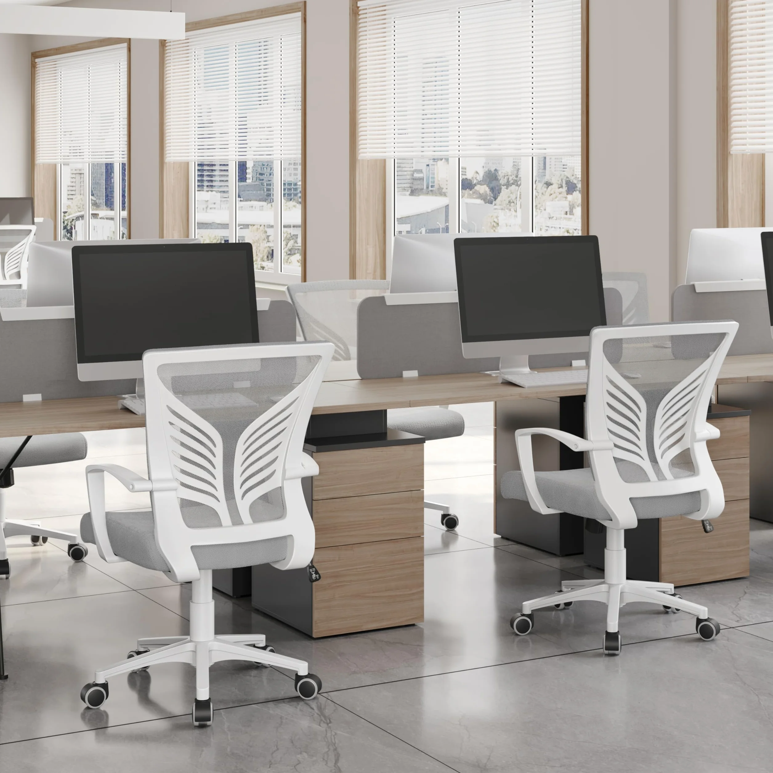 Yaheetech Silla de Oficina con Función de Inclinación, Soporte Lumbar, Carga Máxima 136kg, Gris Claro, Juego de 2