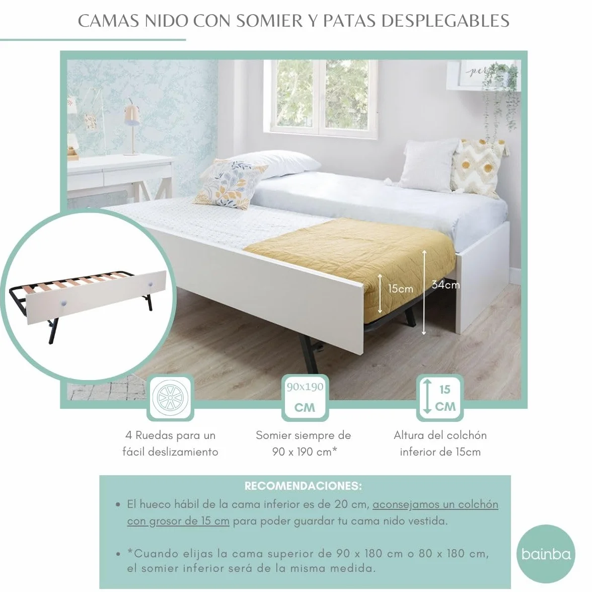 Bainba Cama Nido Juvenil Blanco - Piecero bajo (105 x 190)