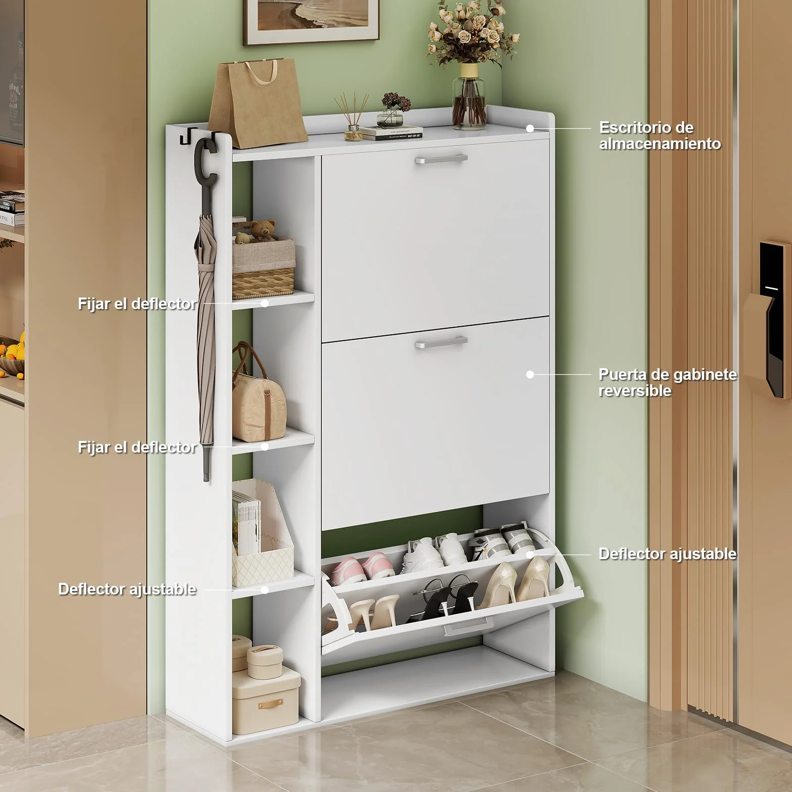 Zapatero Estrecho Recibidor Mueble Zapatero 3 Puertas con 4 Compartimentos de Almacenamiento para 18-24 Pares de Zapatos，para Sala de Estar, Pasillo de Entrada, 80x24x122cm Blanco