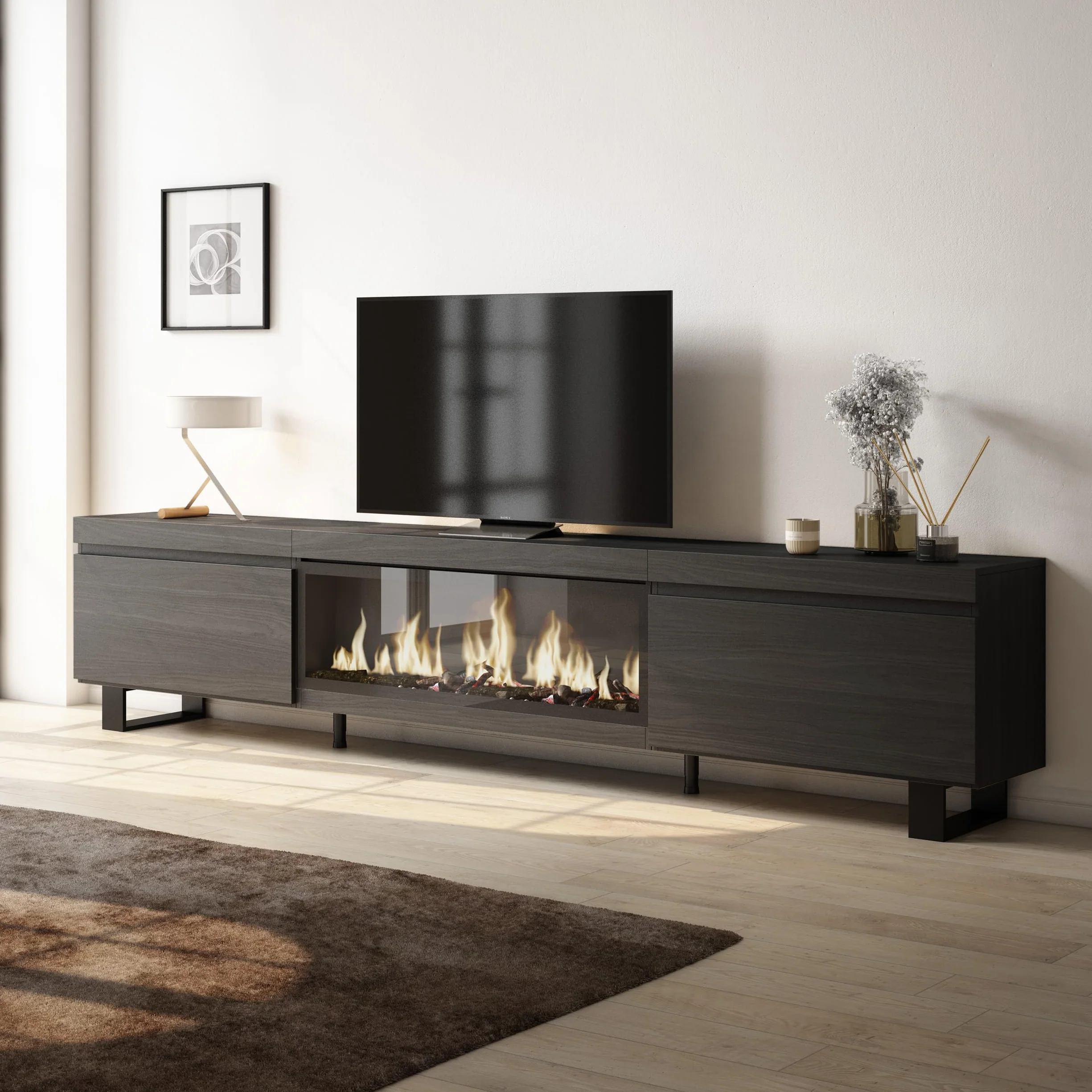 Skraut Home | Mueble TV | Televisión | Muebles de salón, almacenaje | 267x57x35 cm | para TV Gran Formato | Chimenea eléctrica XXL | Diseño Industrial | Estilo Moderno | Negro