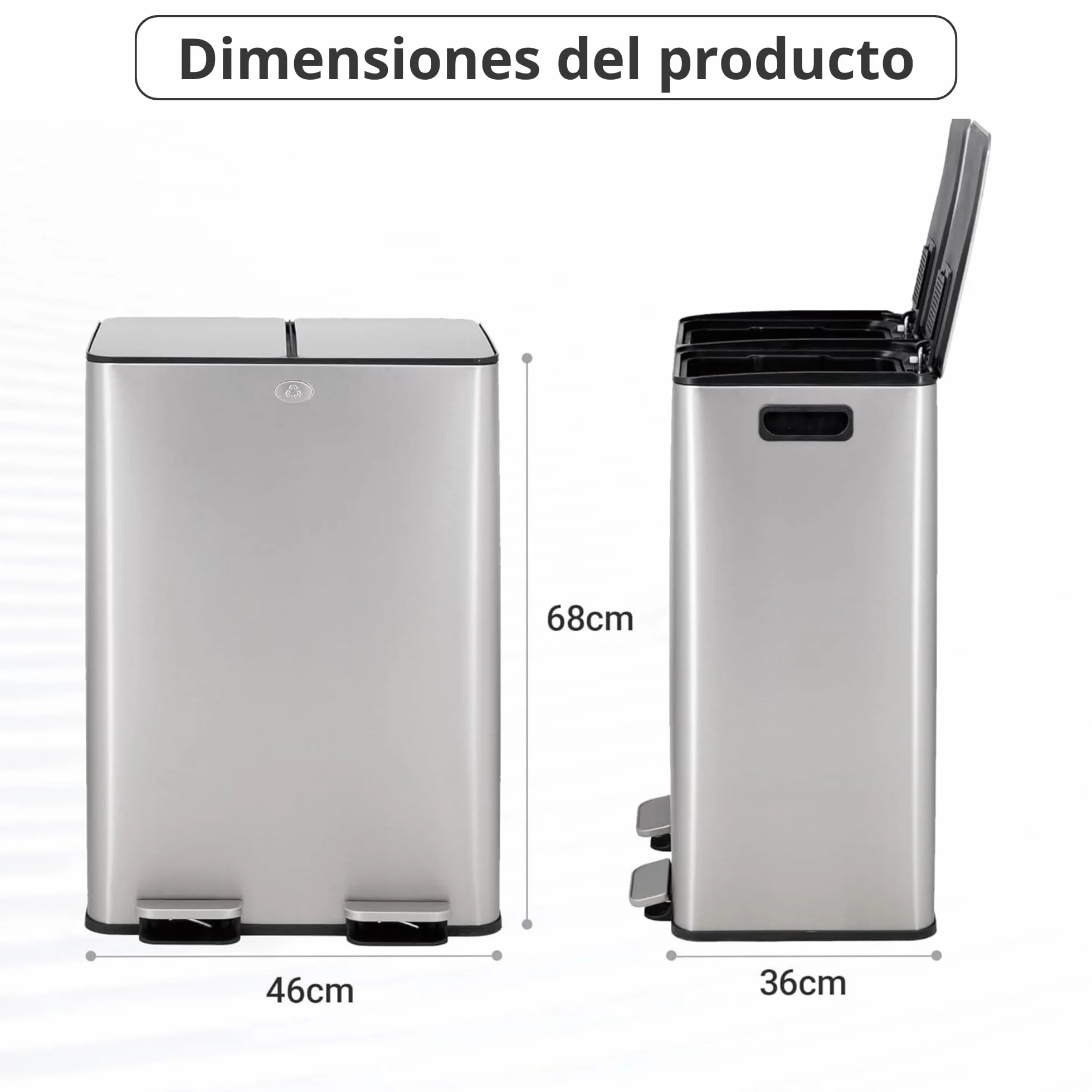 Cubo de Basura para Cocina 2 x 30L (60L), Cubo de Reciclaje Doble, de Acero Inoxidable Antihuella, Tapa de Cierre Suave y Pedal, Incluye 20 Bolsas de Basura, Compartimentos Separados