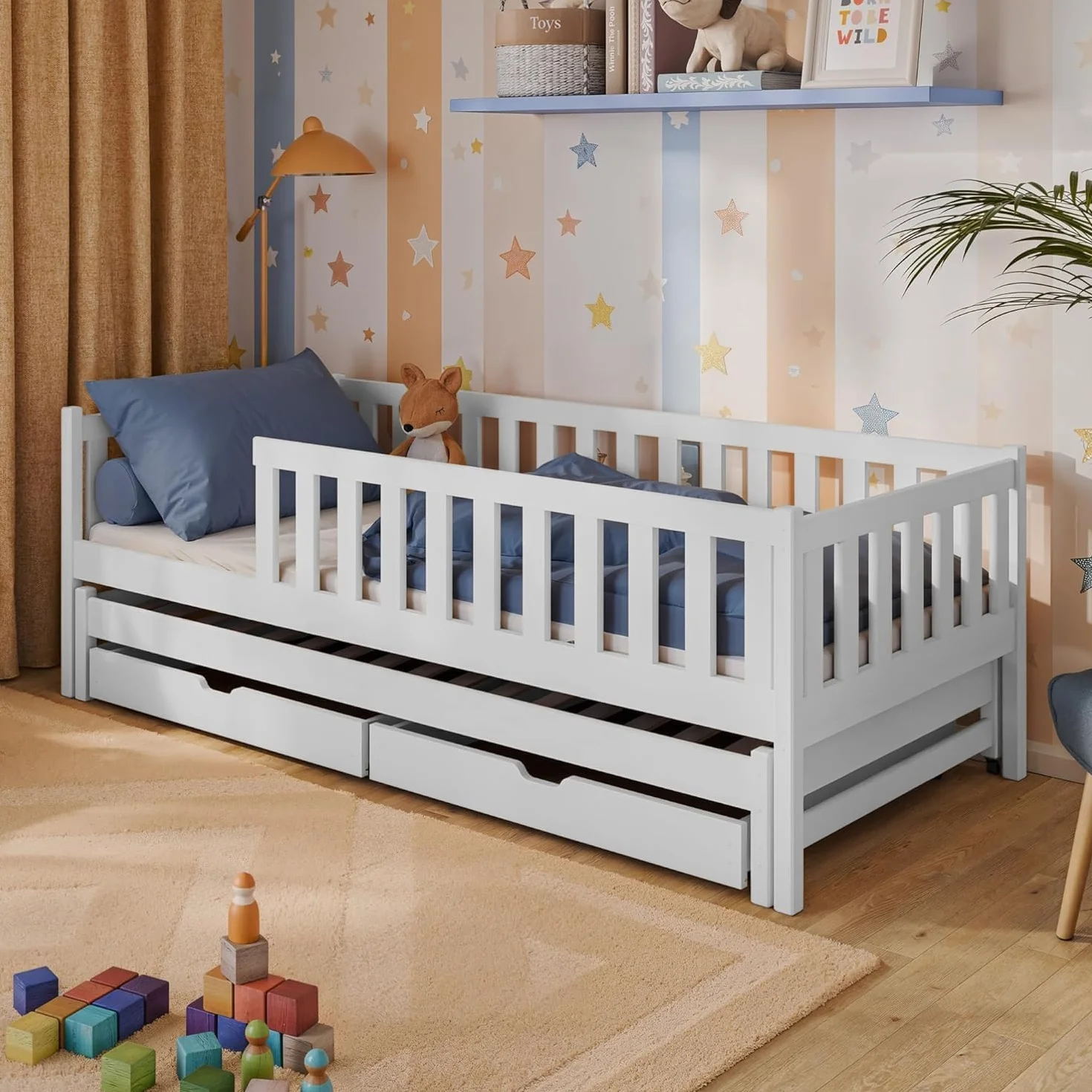 Kids Collective Cama Infantil con Nido y Dos cajones, protección anticaídas y somier, Cama Infantil | Otros tamaños: 80x180, 90x190, 90x200cm | 80x160 cm: de 3 a 10 años, Color Blanco