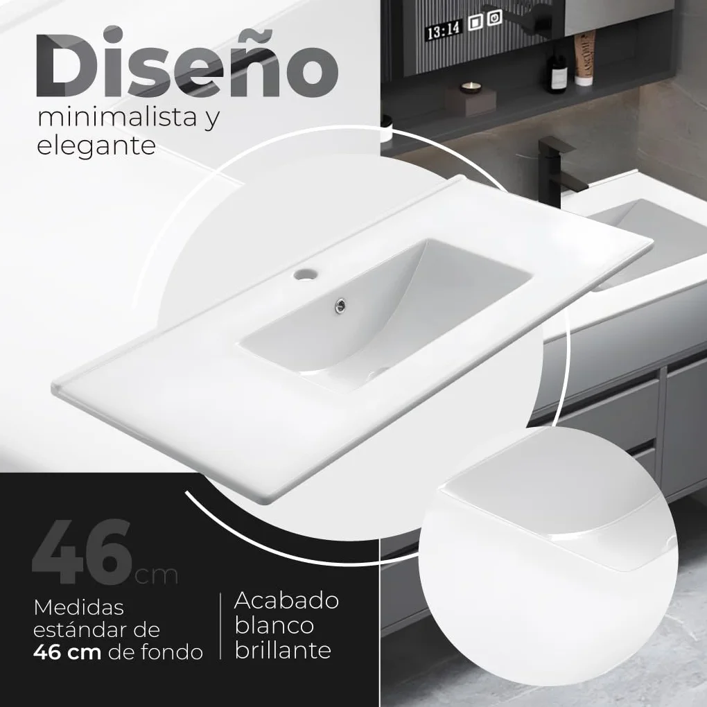 Encimera de Porcelana Blanca Brillante – Diseño Minimalista y Elegante, Esmalte, Antibacteriana, Fácil de Limpiar, Resistente y Duradera – Varias Medidas (46 x 81 Cm)