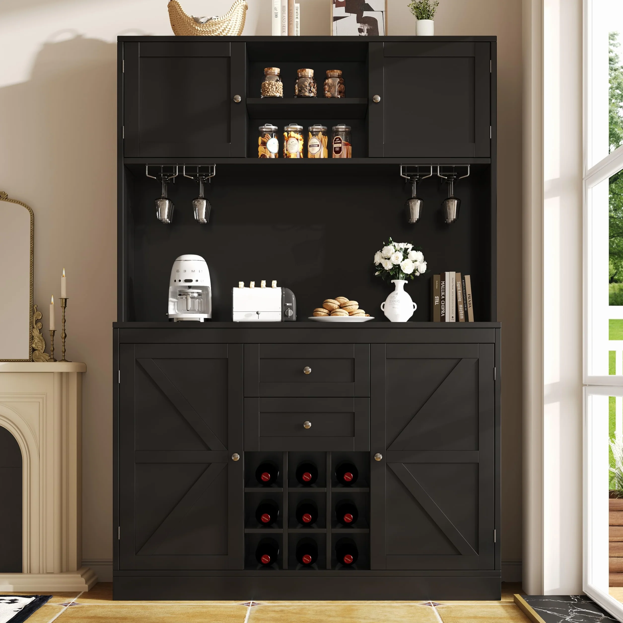 Armario alto de cocina de 188 cm con estantes ajustables, estantería para vino, armario alto de cocina buffet con 4 puertas, 2 cajones, aparador para cocina y salón, armario buffet (negro)