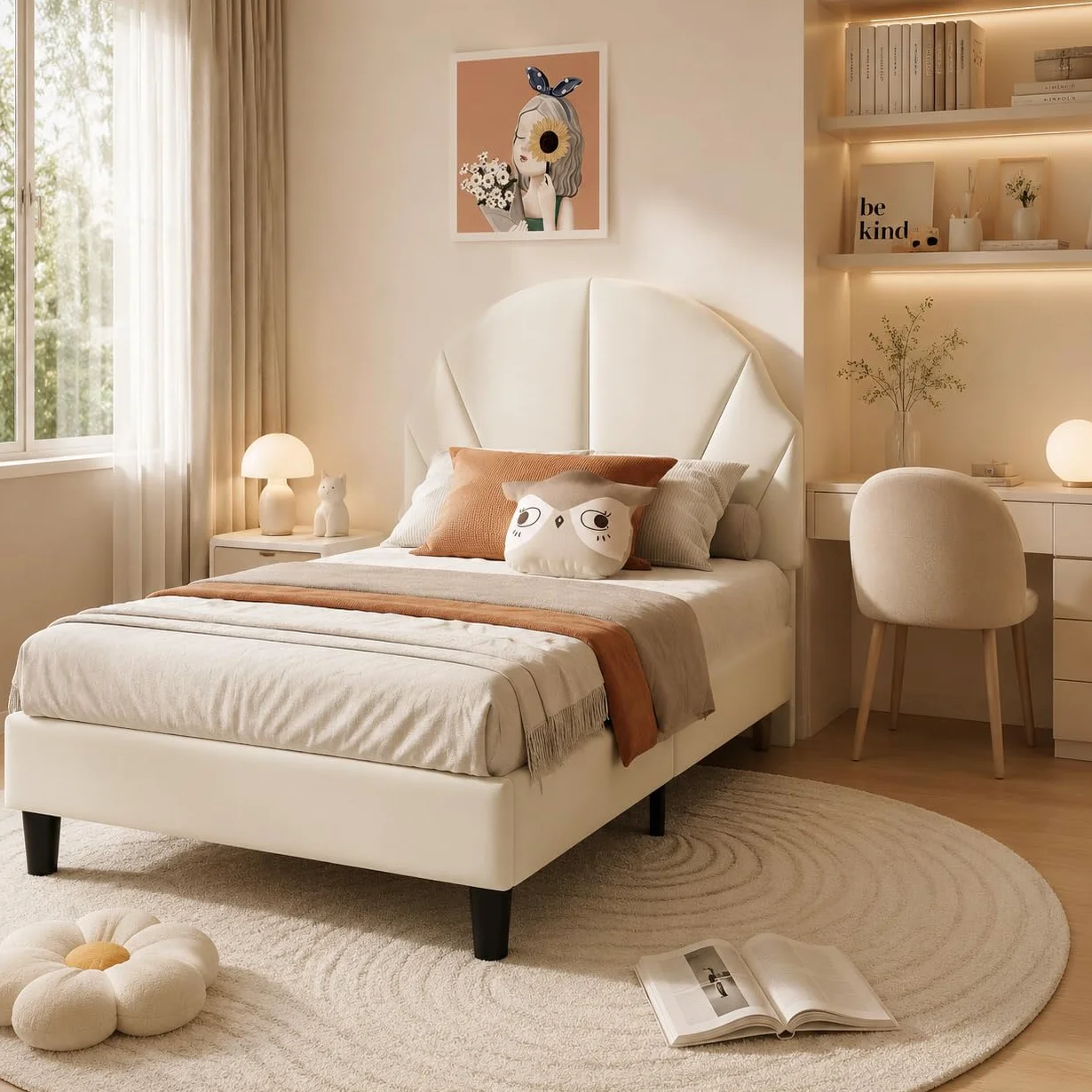 Cama infantil acolchada 90 x 200 cm, cama individual con somier y cabecero ajustable, cama juvenil, cama tapizada para niñas y niños, sin colchón, terciopelo, beige