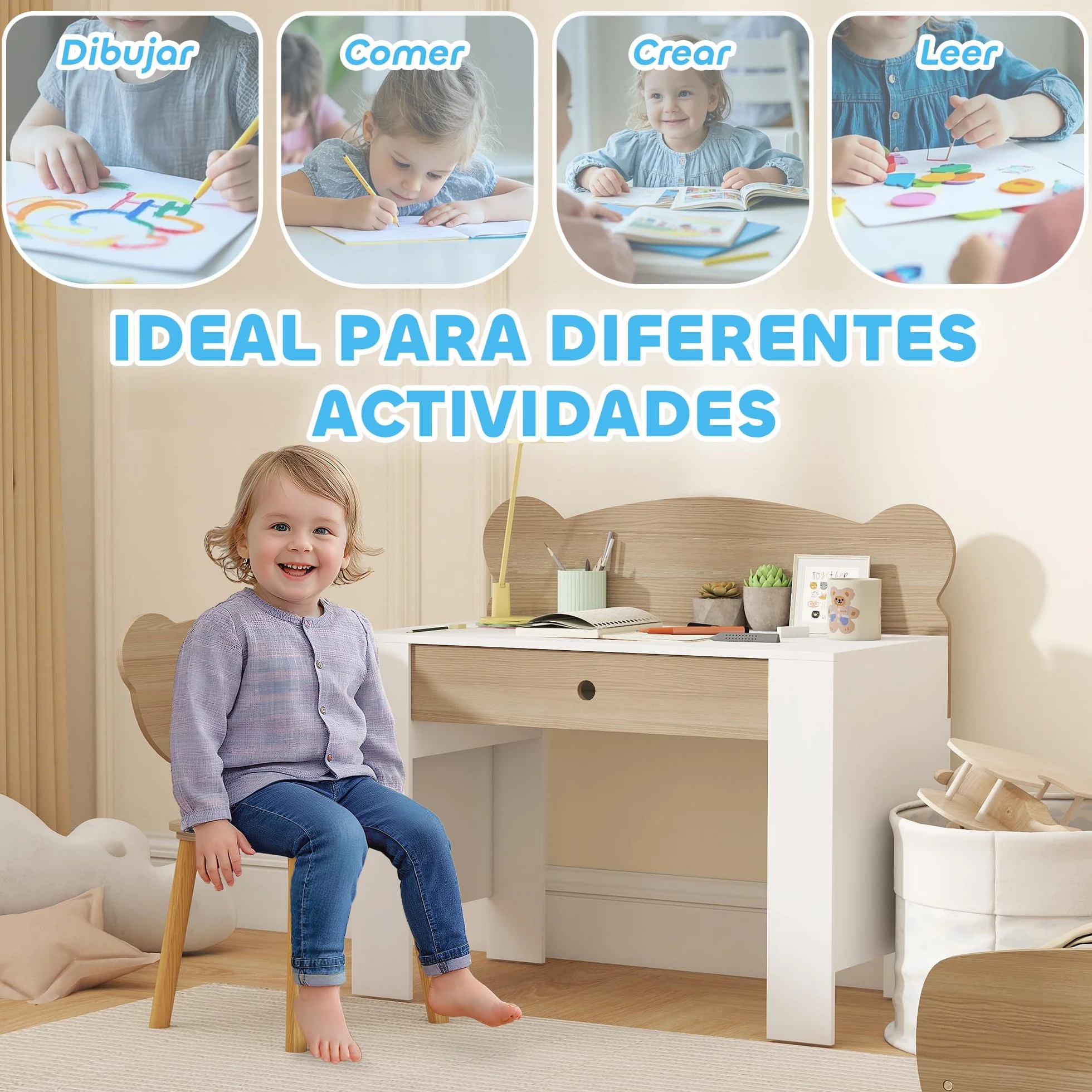 AIYAPLAY Escritorio Infantil con Silla Osito Mesa Niños Cajón Estudiar Dibujar Leer Pupitre Estudio Dormitorio Sala Natural