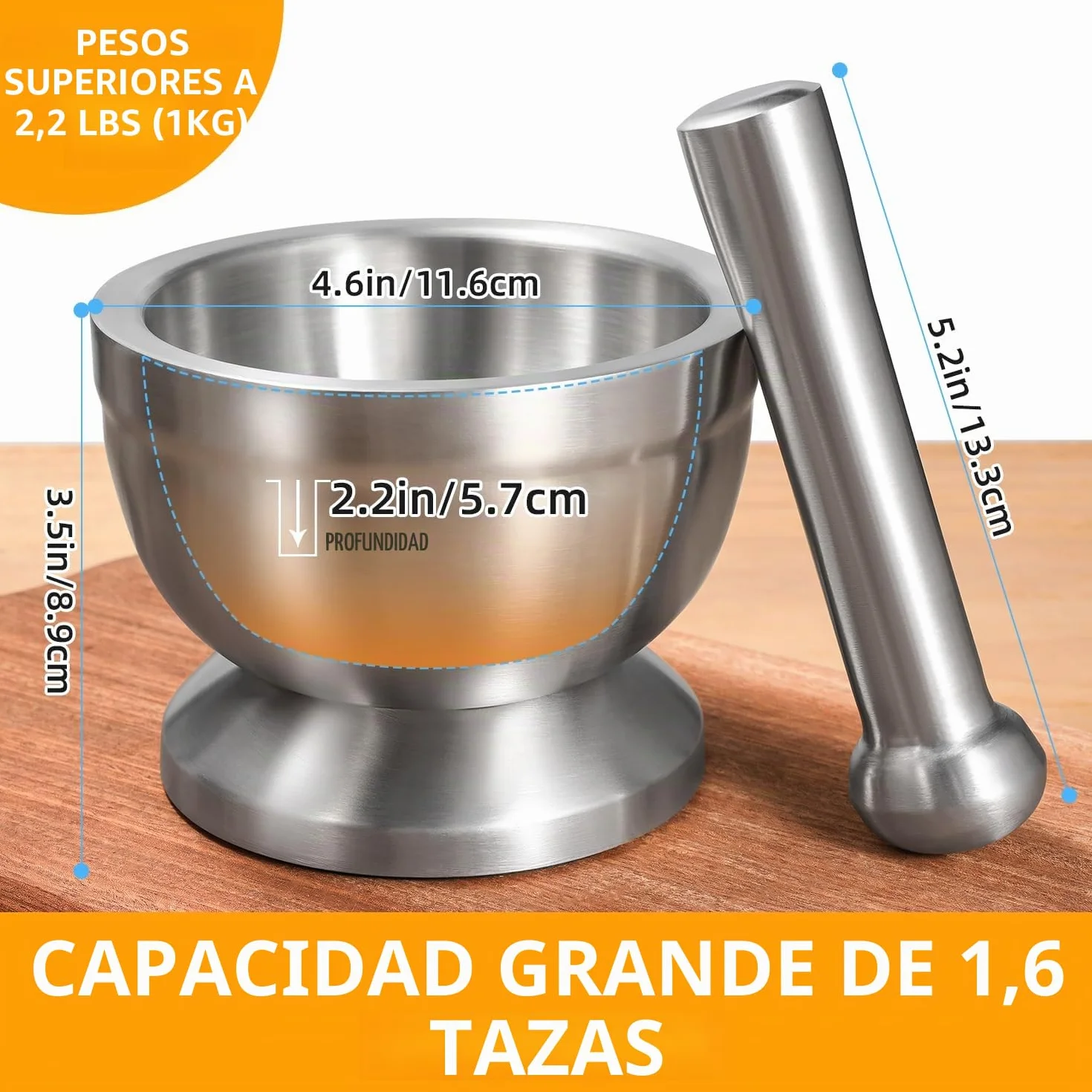 Sopito Mortero con mortero, 380 ml, de acero inoxidable, con tapa, cepillo, base antideslizante para moler hierbas, especias, píldoras, 11,7 cm de diámetro
