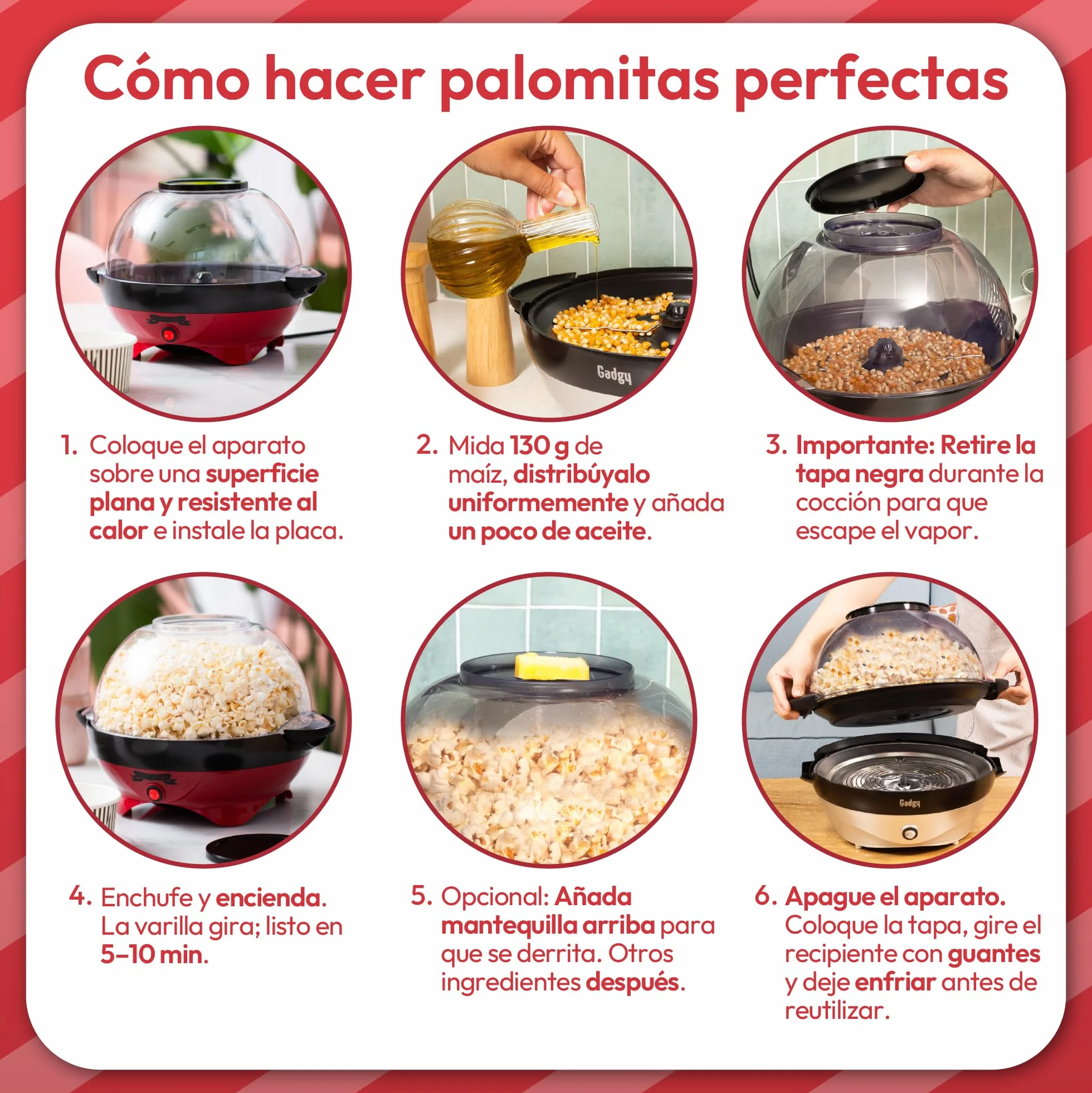 Máquina de Palomitas de Aire Caliente Sin Aceite Gadgy Palomitero Rojo Retro