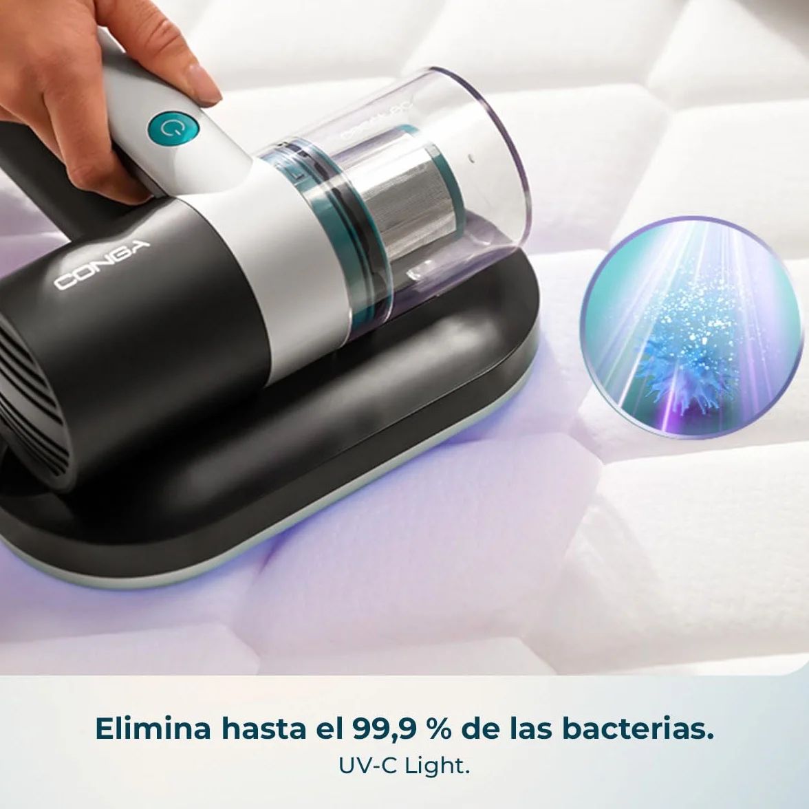 Cecotec Aspirador de Colchones y Tapicerías de Mano Conga Rockstar 3000 Mattress Essential. 300W, 10kPa, Luz Ultravioleta UV-C, Tecnología con Cepillo Motorizado y Aire Caliente, Retiene Alérgenos