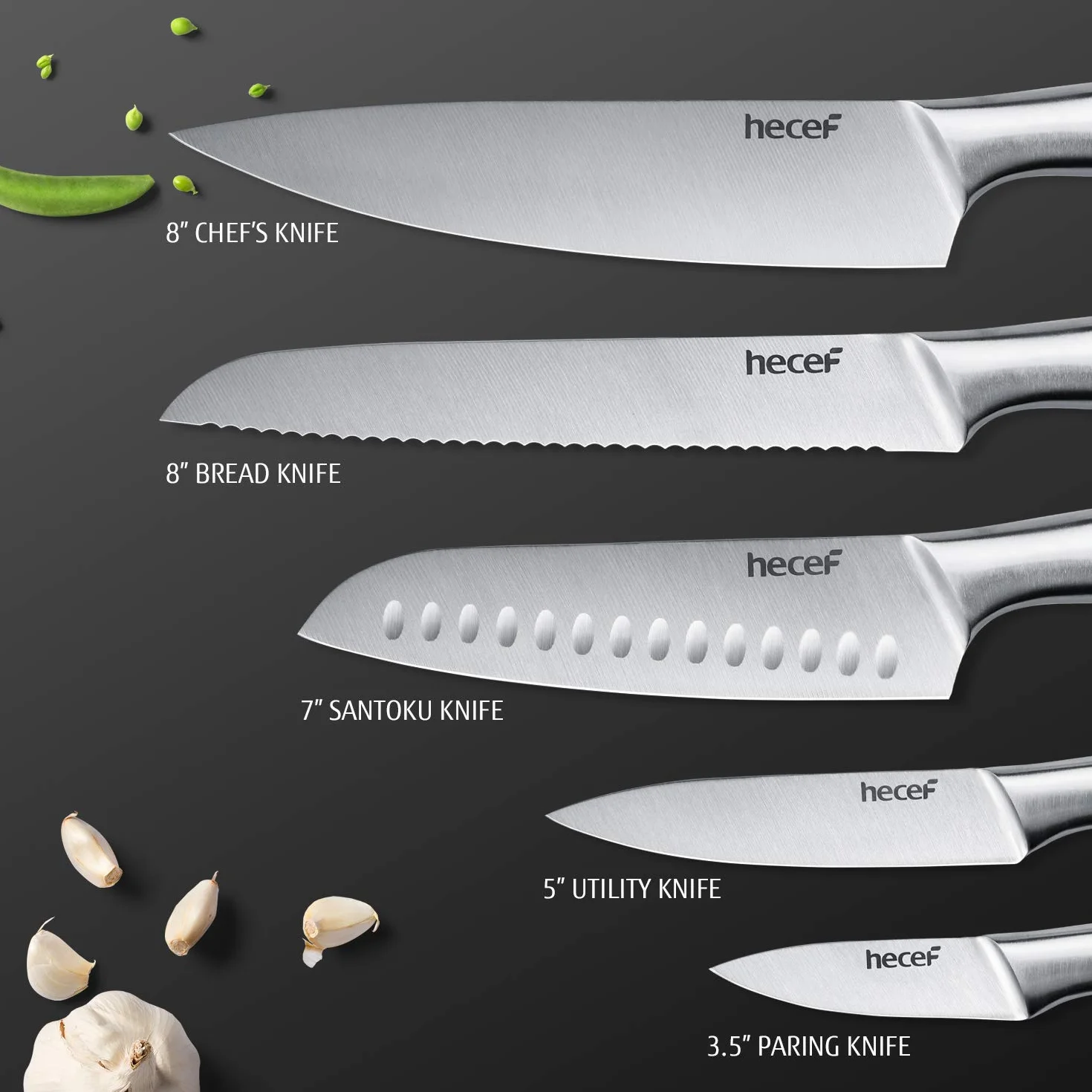 hecef 5 Piezas Juego de Cuchillos con Mango Hueco，Cuchillos de Acero Inoxidable Pulido Avanzado, Juego de Cuchillos de Chef Profesional, Cuchillos de Cocina con Hoja Afilada