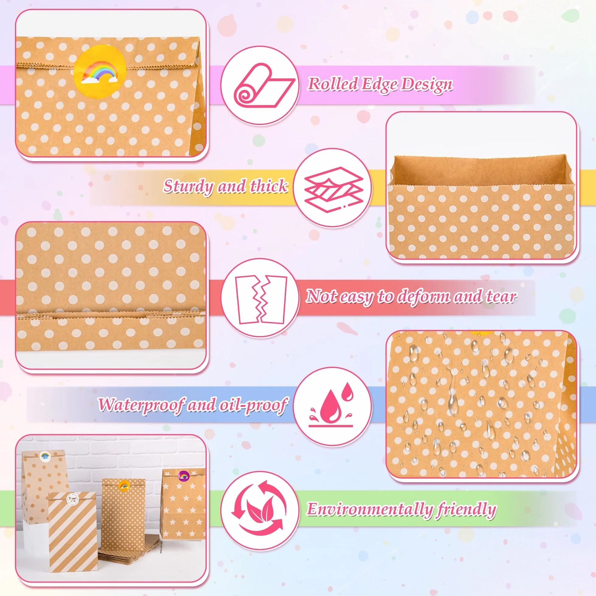 Aurinovellia 20 Piezas Bolsas de Papel Kraft, Bolsas Chuches Cumpleaños con 36 Pegatinas, Bolsa Dulce de Regalo, para Envolver Regalos, Regalos, Celebración, Boda, Fiesta