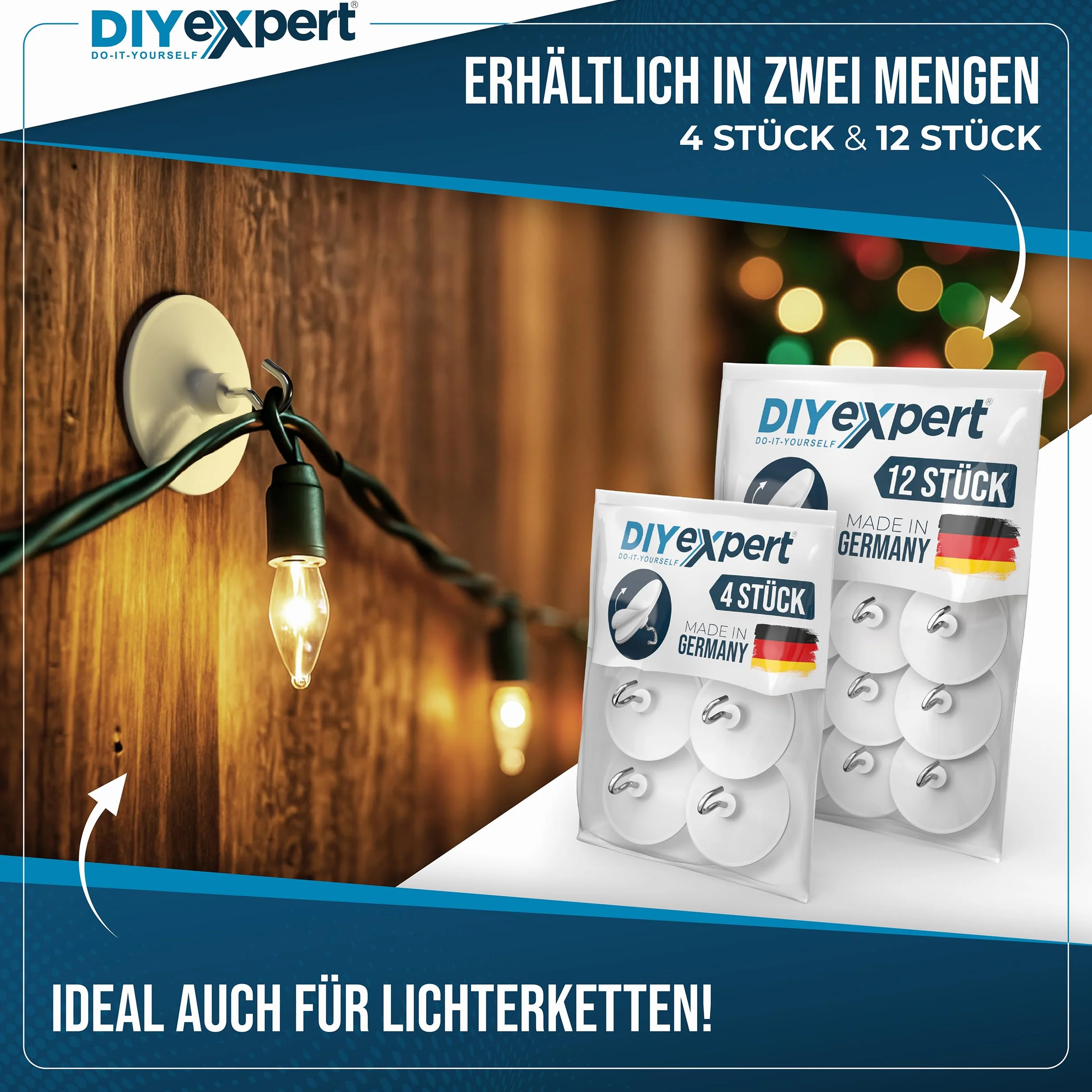 DIYexpert Ganchos de techo autoadhesivos, fabricados en Alemania, con gancho, 4 unidades, ganchos adhesivos para el techo extrafuertes, ganchos de pared sin taladrar