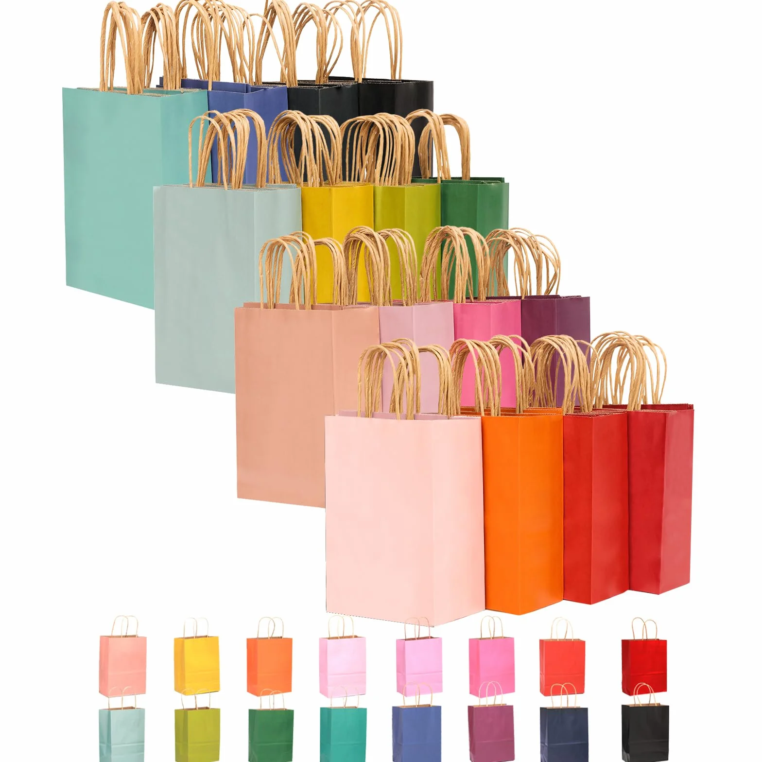 Gcardist 16 bolsas de papel kraft con asas, 21 x 15 x 8 cm, pequeñas bolsas de regalo, 16 bolsas de colores diferentes, versátiles (8,3 x 6 x 3 pulgadas, tamaño pequeño)