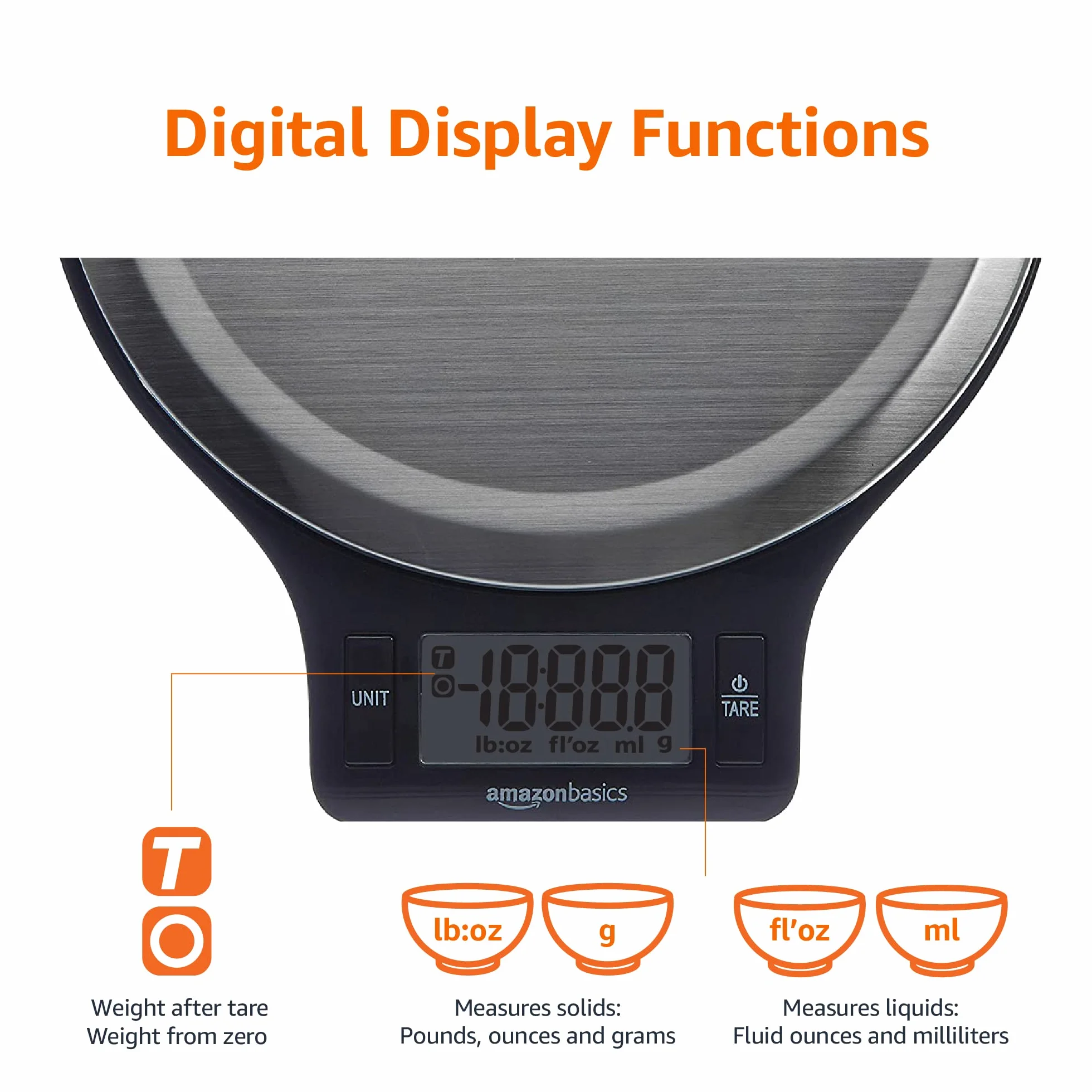 Amazon Basics Báscula de Cocina Digital de Acero Inoxidable sin BPA, Pantalla LCD, 11 Libras, Negro