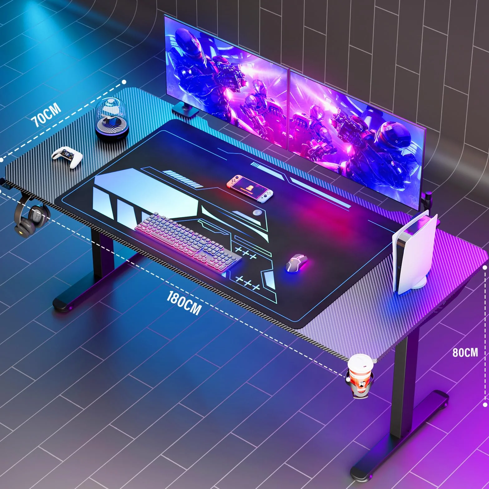 Himimi Mesa Gaming,Escritorio Gaming de Ergonómica, Escritorio Gamer de Fibra de Carbono, Escritorio de Juego con Alfombrilla de Ratón, Portavasos y Gancho para Auriculares,Negro （180x70x80 cm ）