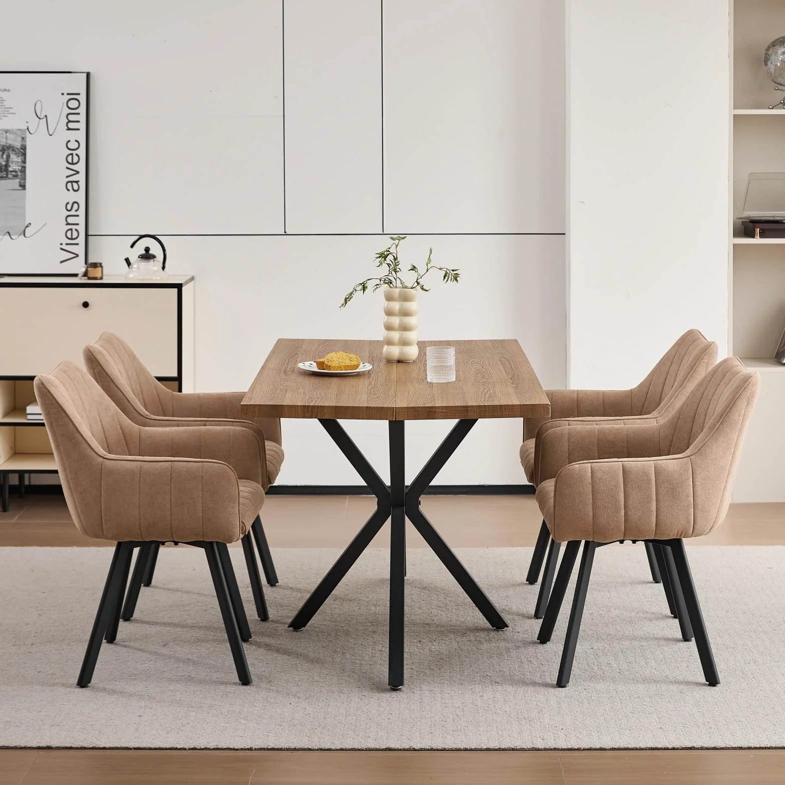 Juego de 6 Sillas de Comedor con Brazos, Sillas de Cocina Tapizadas en Lino, Patas Metálicas Giratorias 360°, Aptas para Comedores, Cocinas y Salas de Estar, Caqui