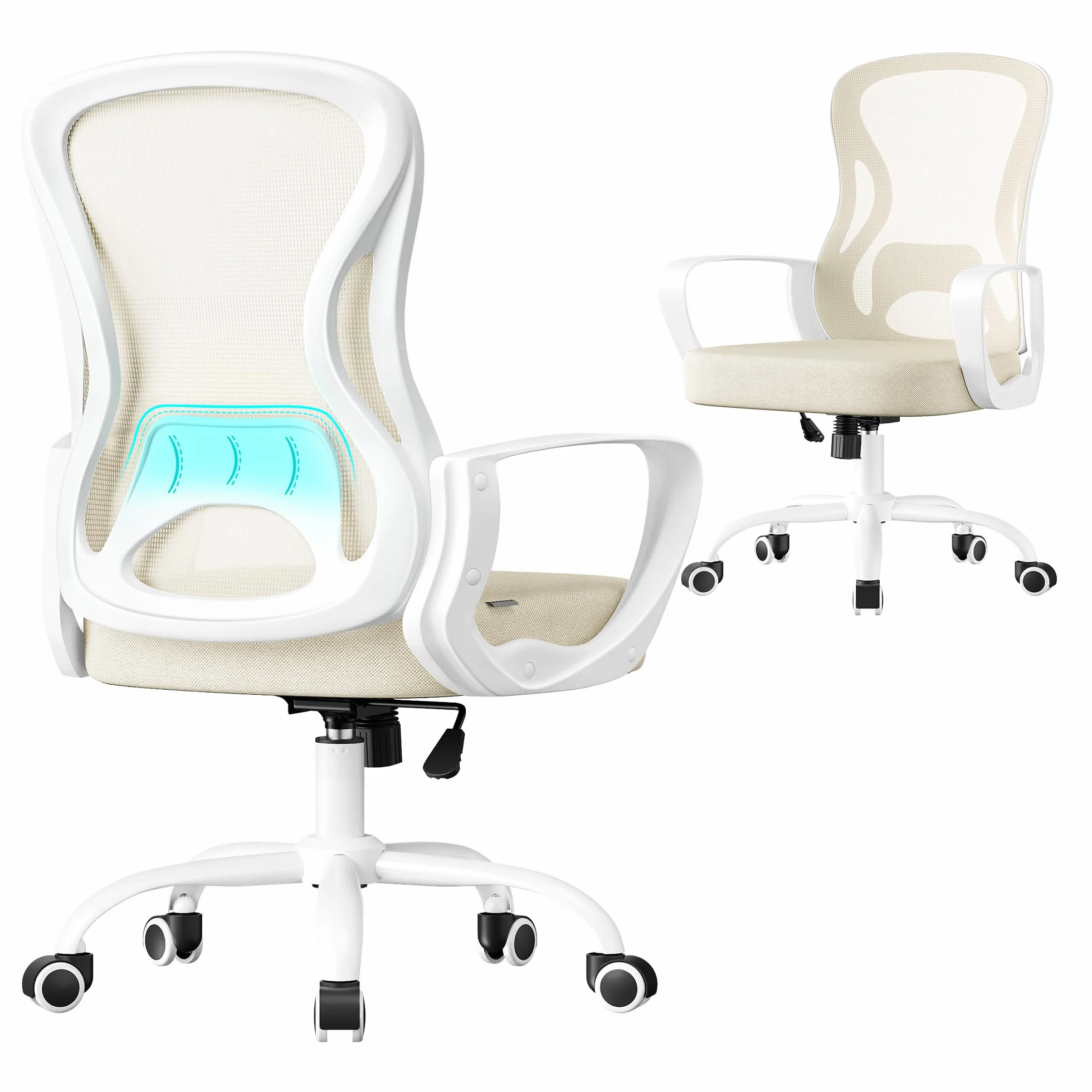 SONGMICS Silla de Oficina Ergonómica de Malla con Soporte Lumbar, Giratoria, Beige Capuchino y Blanco Nube