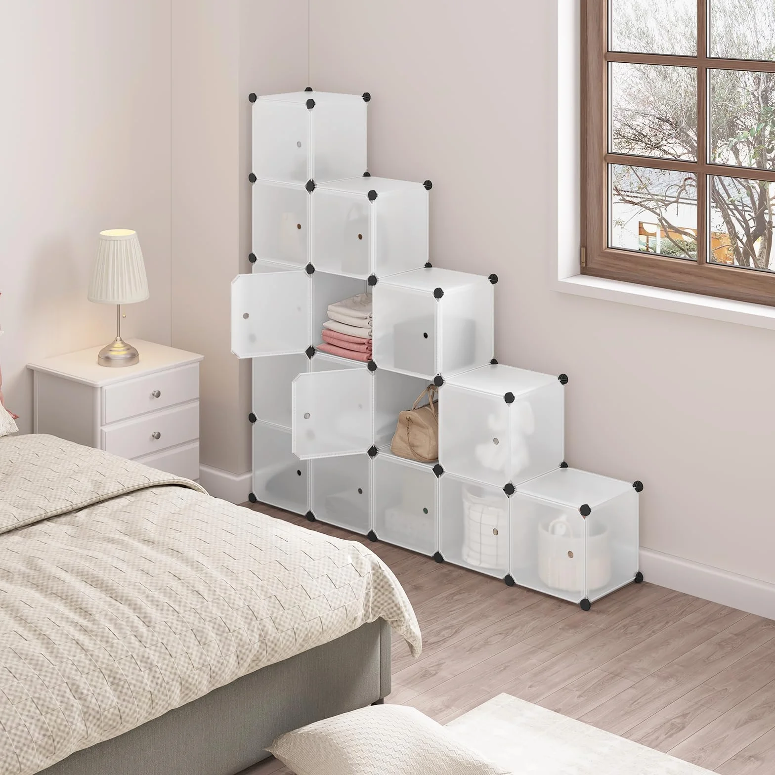 WOLTU Armario Modular de 15 Cubos con Puertas Imán, Estantería Almacenaje Cubos Plástico, Blanco
