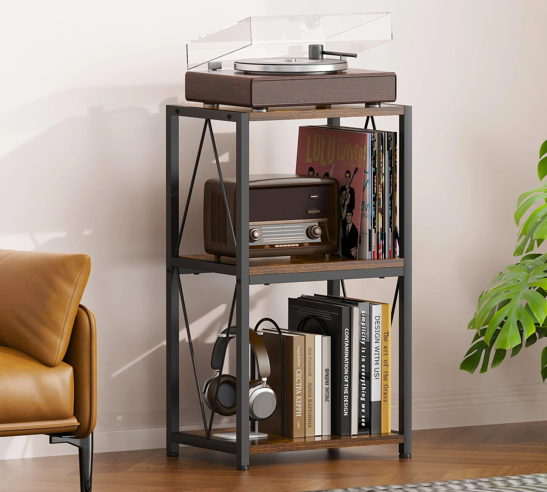 HFHOME Soporte para tocadiscos de 3 niveles con almacenamiento de vinilo