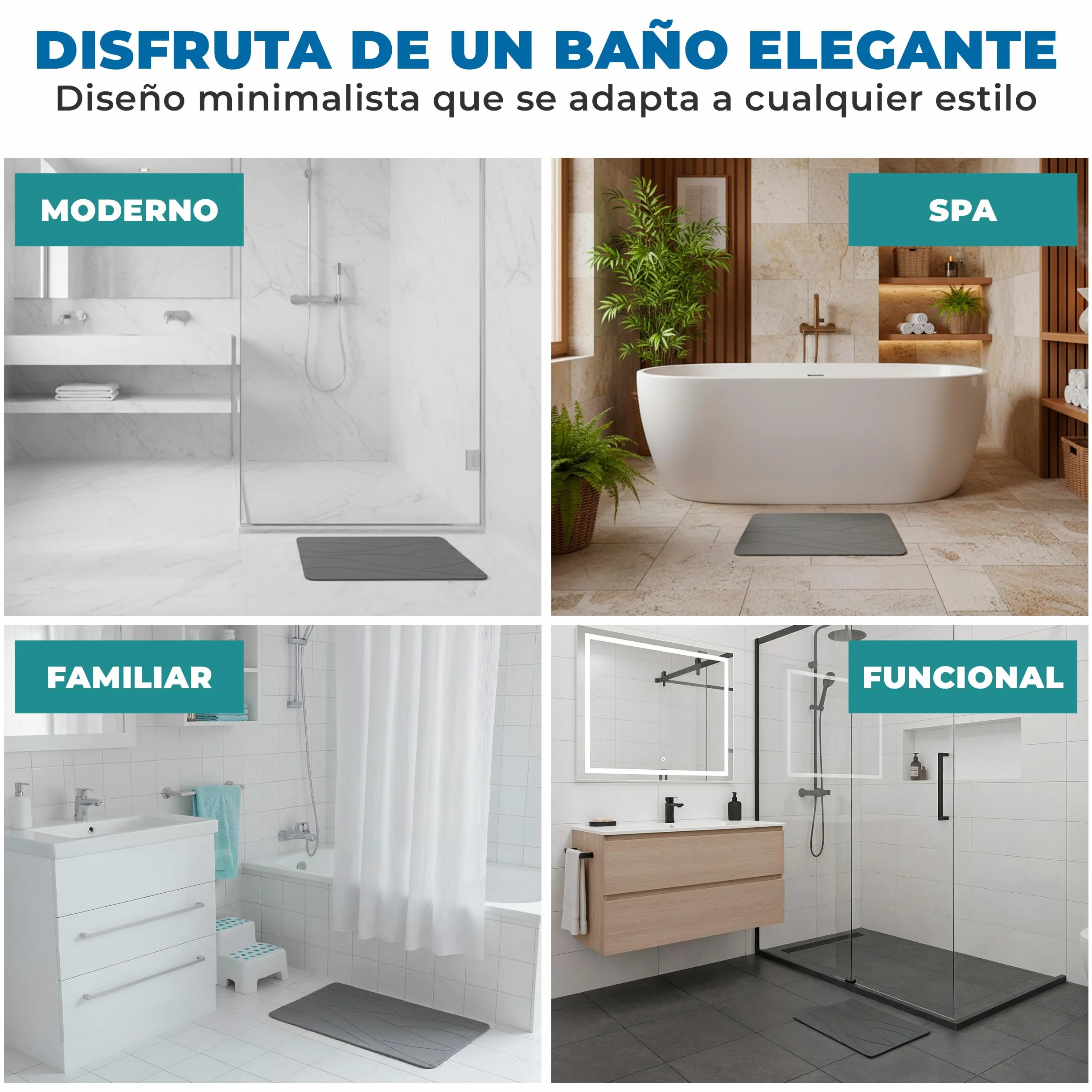Alfombra Diatomita Baño Antideslizante Antibacteriana Secado Rápido 60x39 cm Gris Oscuro