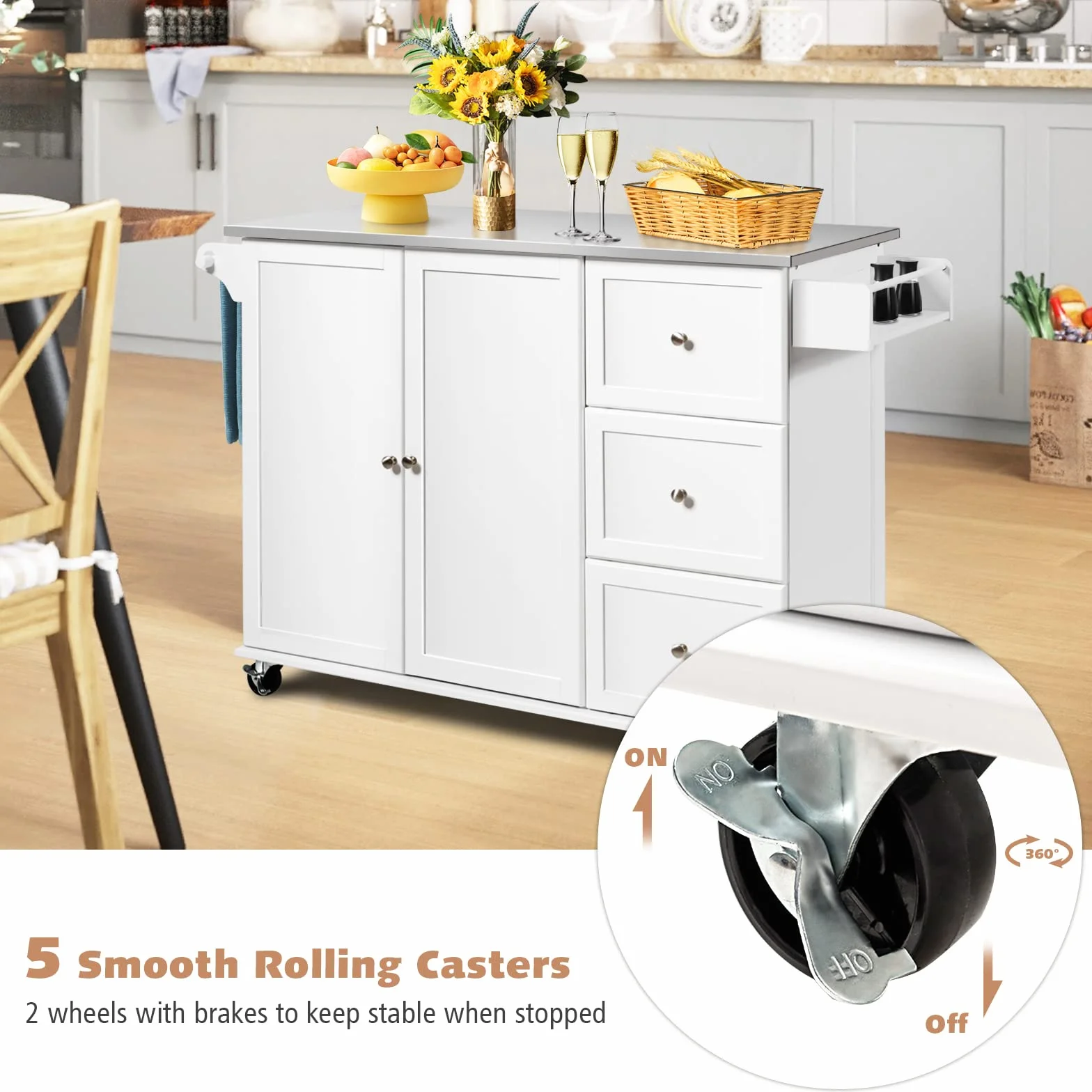 GIANTEX Carro de Cocina con 2 Puertas y 3 Cajones, Isla de Cocina con Ruedas y Tablero de Acero Inoxidable, Asa Lateral y Especiero, 135x45,5x91,5 cm, Mueble Auxiliar para Comedor (Blanco)