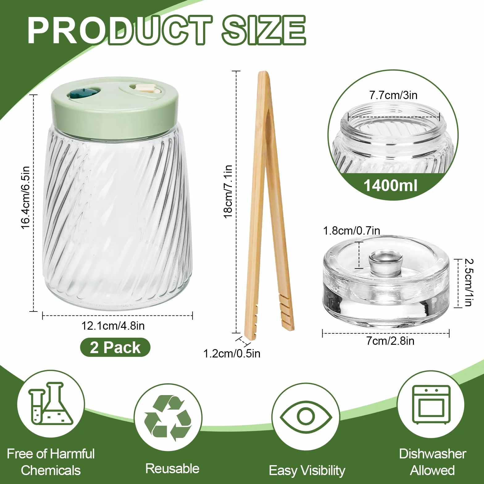 USHOP 2 Tarros de Fermentación de Vidrio 1.4l con Doble Válvula,Tarro de Fermentación,Fermentacion Frascos de Vidrio con Tapa,Frascos Herméticos para Kimchi, Chucrut, Conservas y Almacenamiento