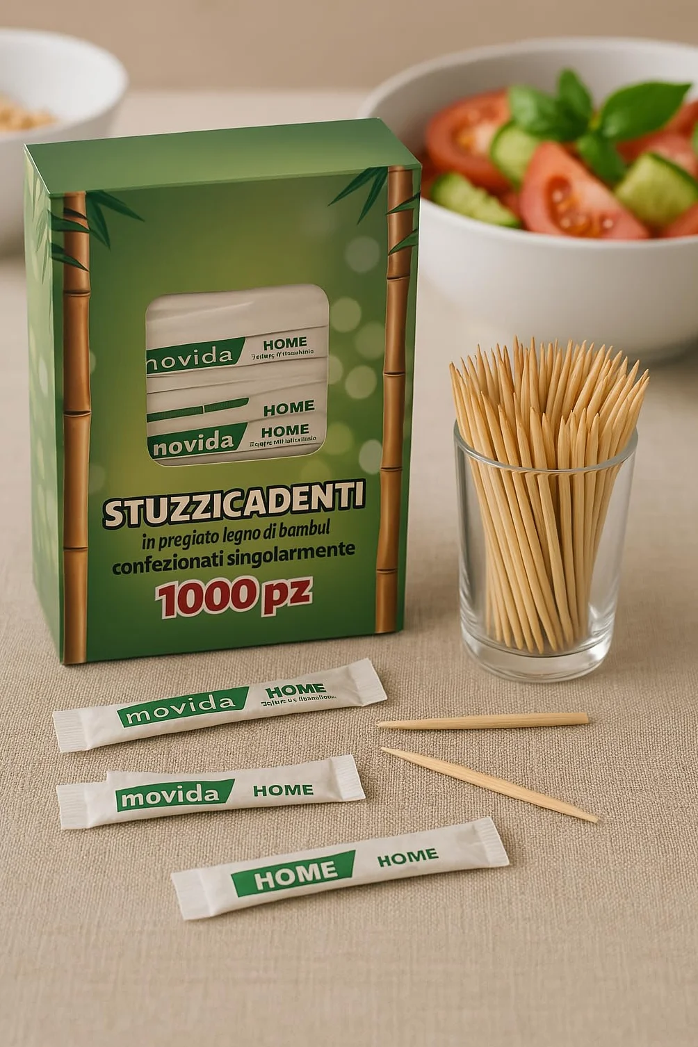 Palillos de madera de bambú, 1000 unidades, envueltos individualmente, naturales y biodegradables, ideales para uso doméstico, restaurantes y bares