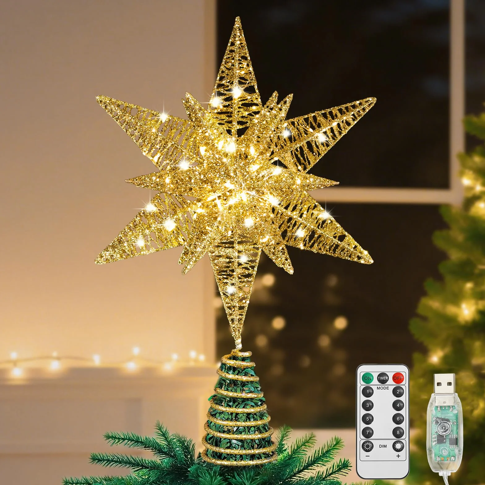 Lewondr Estrella para Copa del Árbol, 28CM Adorno para Árbol de Navidad con 8 Modos de Luces por USB con Mando a Distancia & Temporizador, Gran Topper Árbol Decoración Navideña del Hogar, Oro