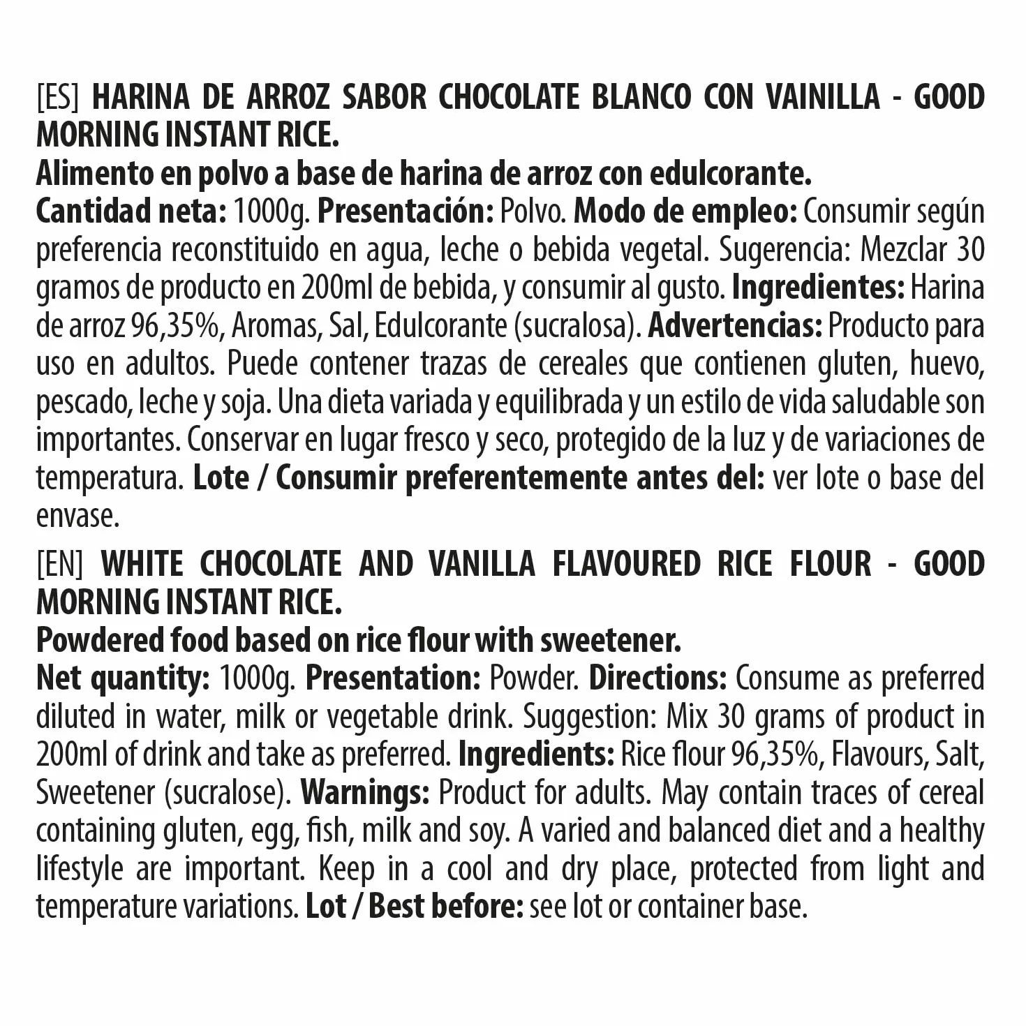 MAX PROTEIN Crema de Arroz Fitness 1000g Fuente Carbohidratos Pre Entreno Post Entreno Vegana Sin Lactosa White Choc Vanilla