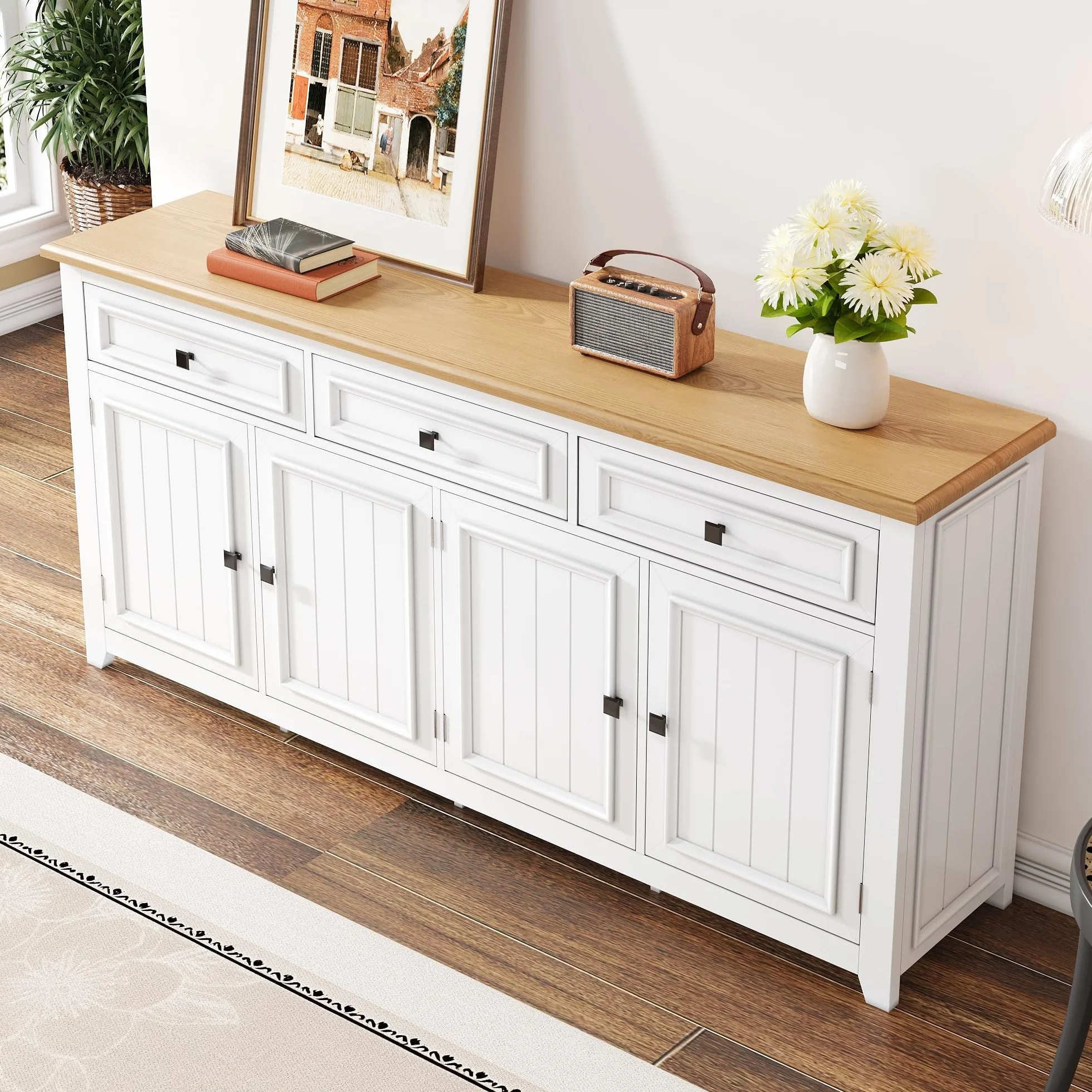 Aparador Cocina, Aparador para Salon con Separadores Ajustables, Buffet Comedor con 3 Cajones y 4 Puertas, Modern Mueble Auxiliar Cocina de Entrada para Dormitorio y Salón, 160x35x76cm (Blanco)