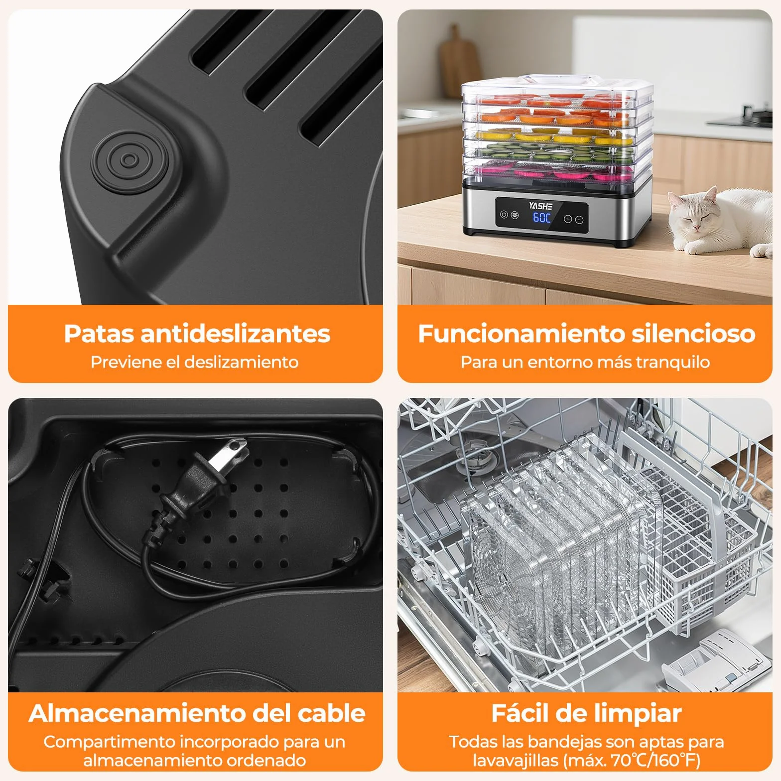 YASHE Deshidratador de Alimentos 5 Bandejas Acero Inoxidable 400W Flujo de Aire 360° Sin BPA