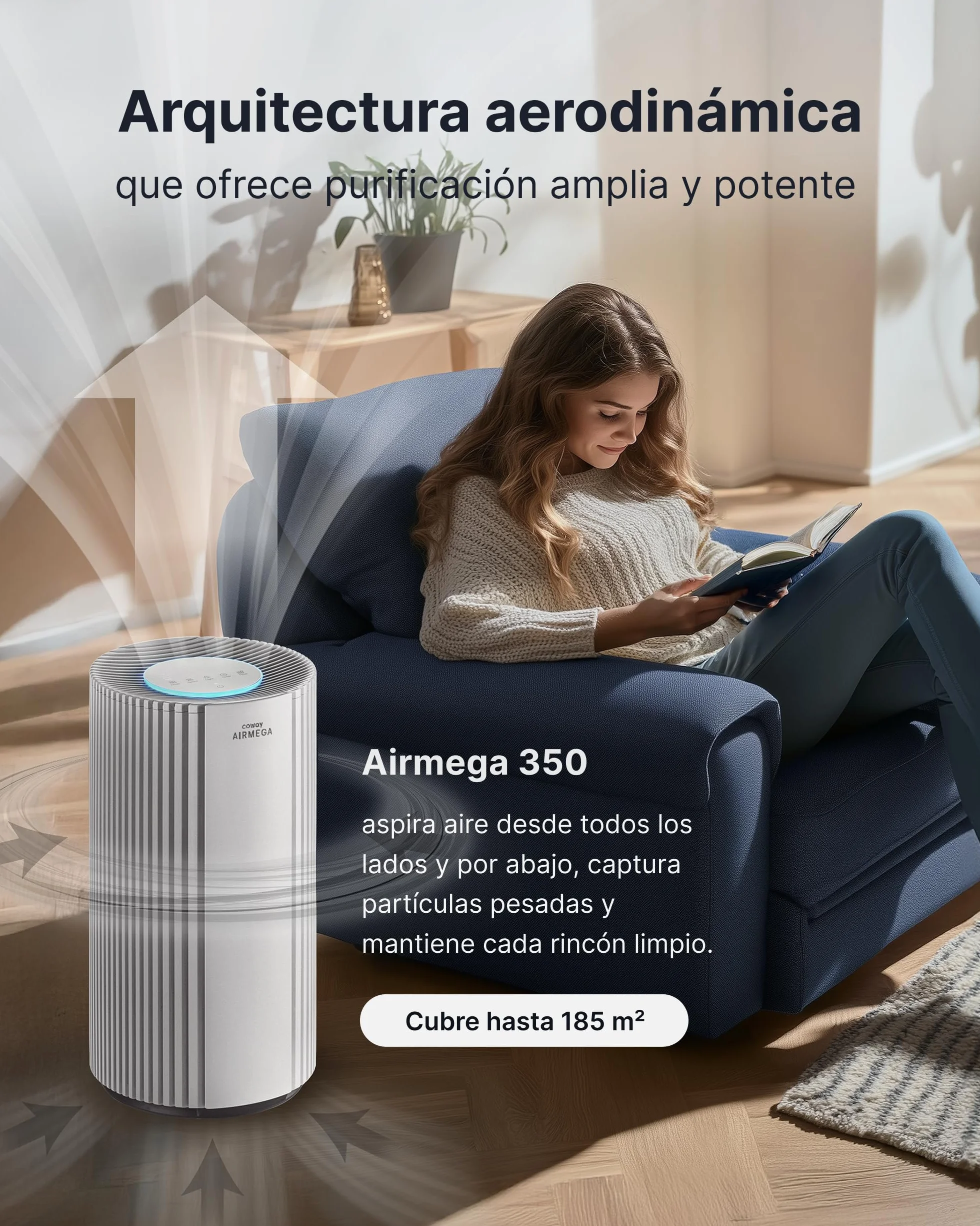 COWAY Purificador de aire para espacios grandes, CADR 713 m³/h, limpia 148 m² en 30 min, filtro HEPA para humo, alergias, pelo de mascotas, olores, sensor PM10, modo ahorro energético, AIRMEGA 350