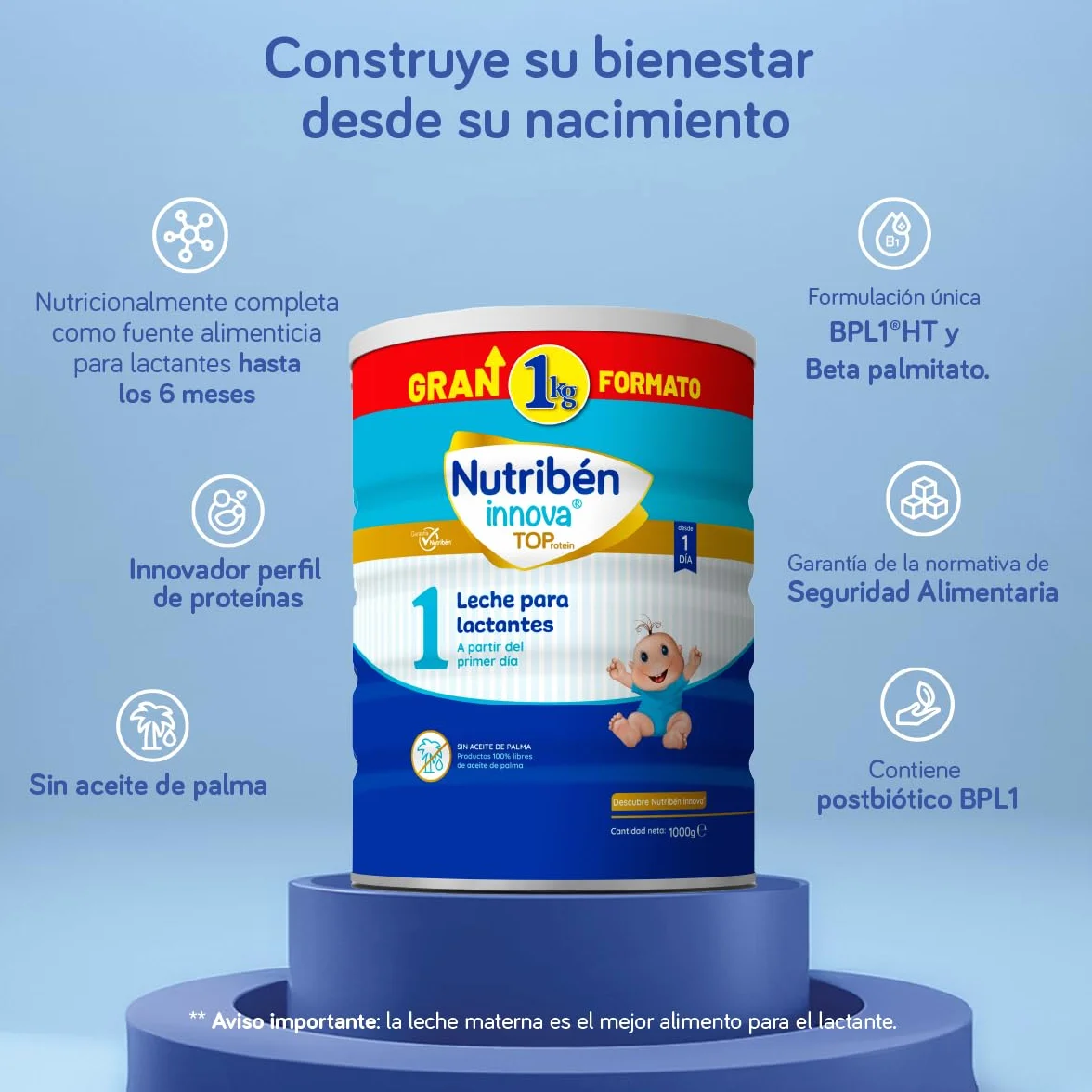Nutribén Innova 1 Leche en Polvo Fórmula para Bebé sin Aceite de Palma con BPL1 y DHA 1 Bote 1KG
