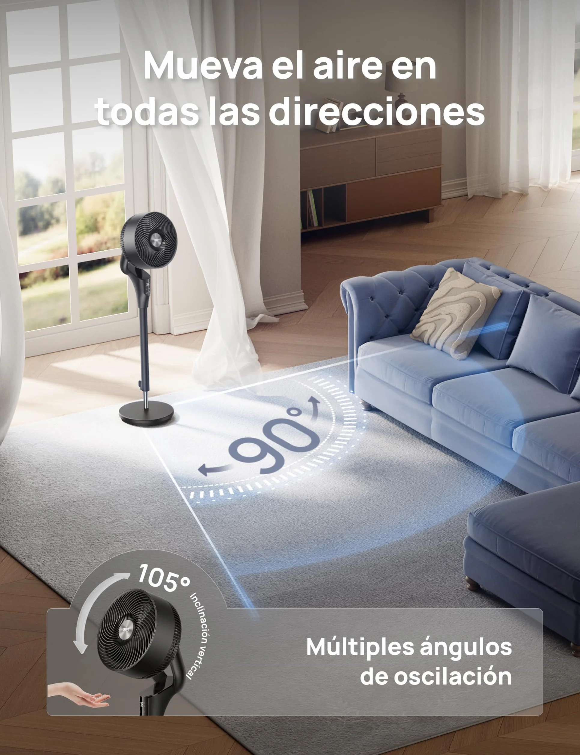 Dreo Ventilador de Pie Silencioso para Dormitorio [Mejorado], Flujo de Aire 27m, 20dB, Oscilación 90°, Motor DC, 8 Velocidades, 3 Modos, Altura 96–106 cm, Temporizador 8H, Inclinación 105°