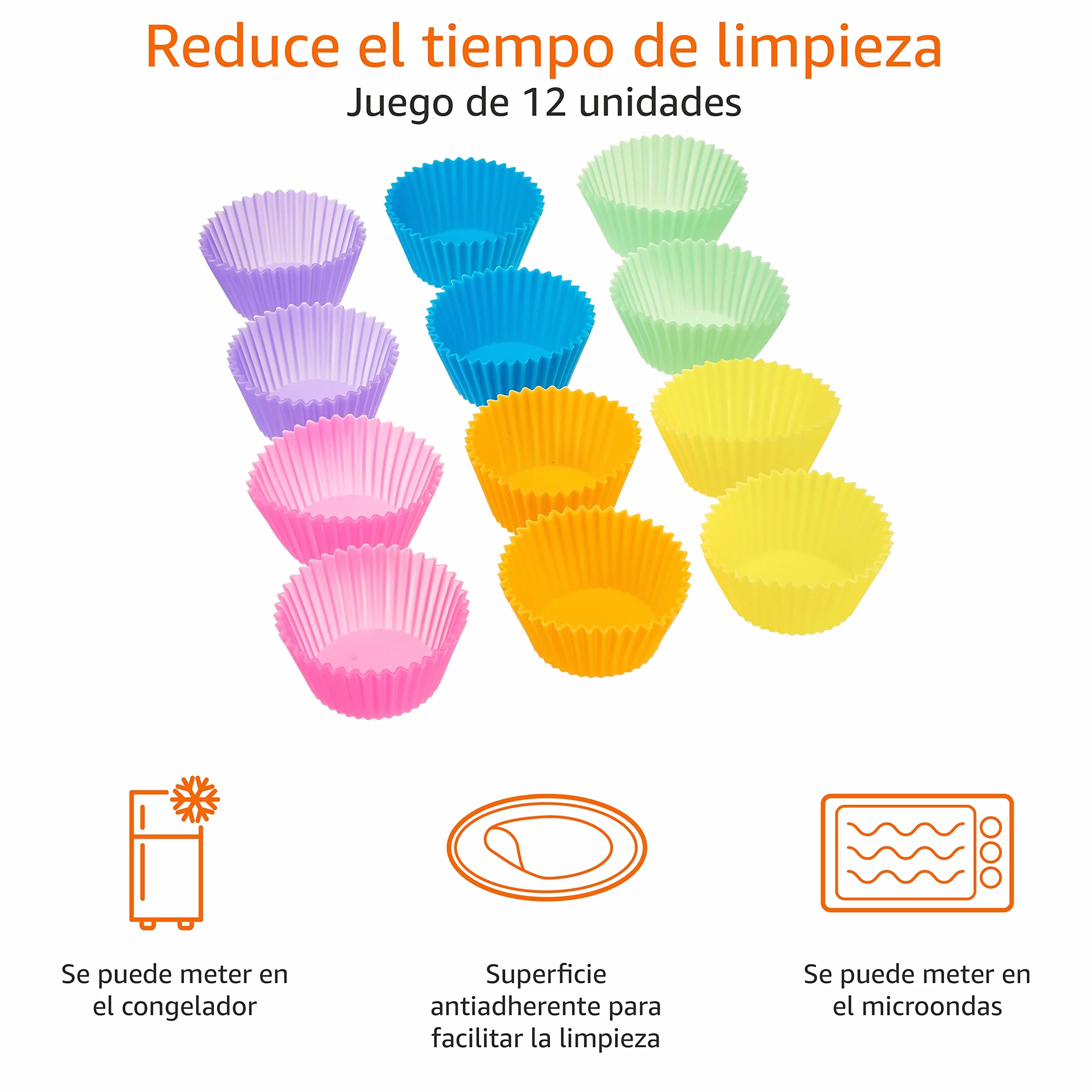 Amazon Basics Moldes Individuales de Silicona para Magdalenas, Reutilizables, Paquete de 12, Horno hasta 220°C, Multicolor