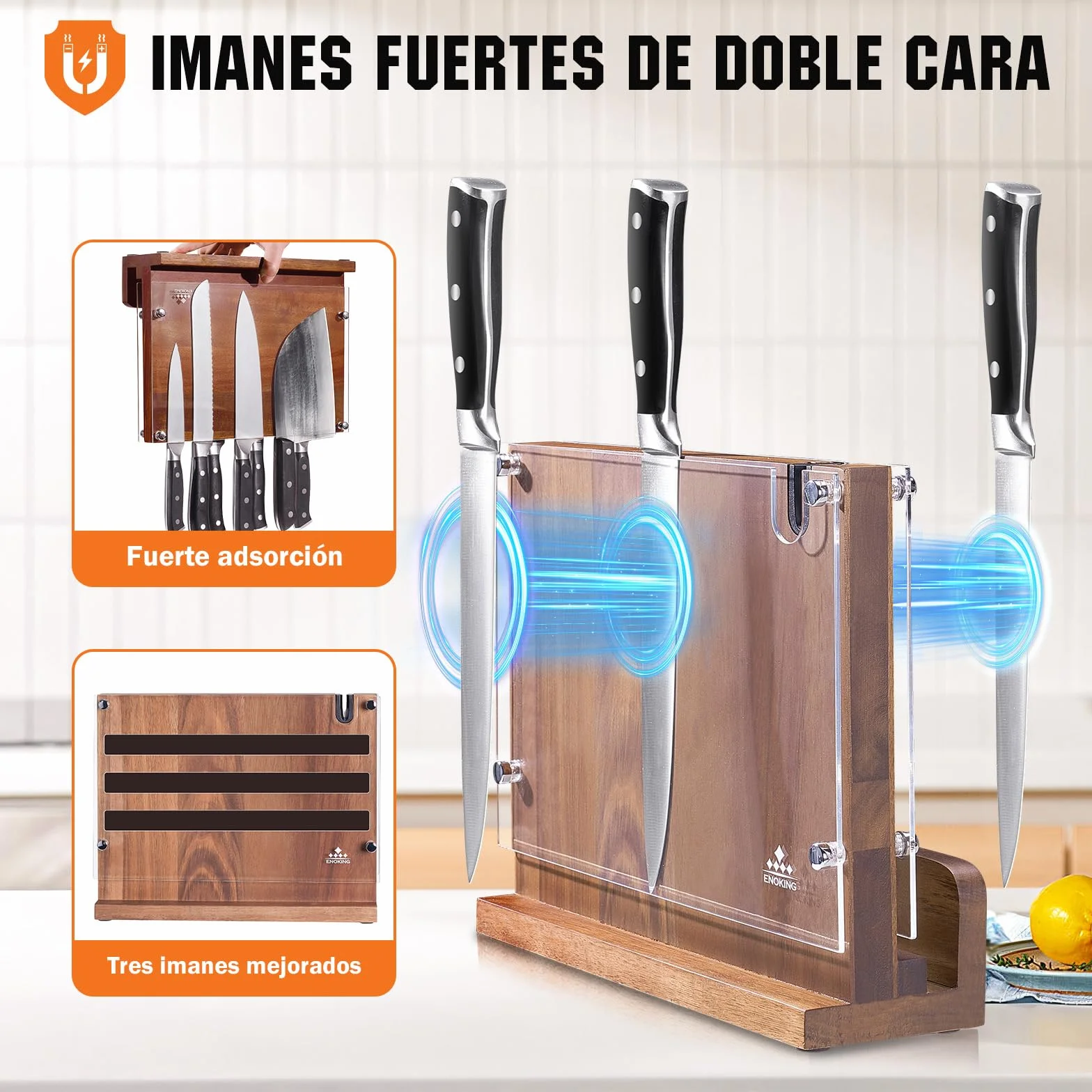 ENOKING Porta Cuchillos Magnético con Afilador, Soporte Doble Lado con Escudo Acrílico, Organizador de Madera de Acacia