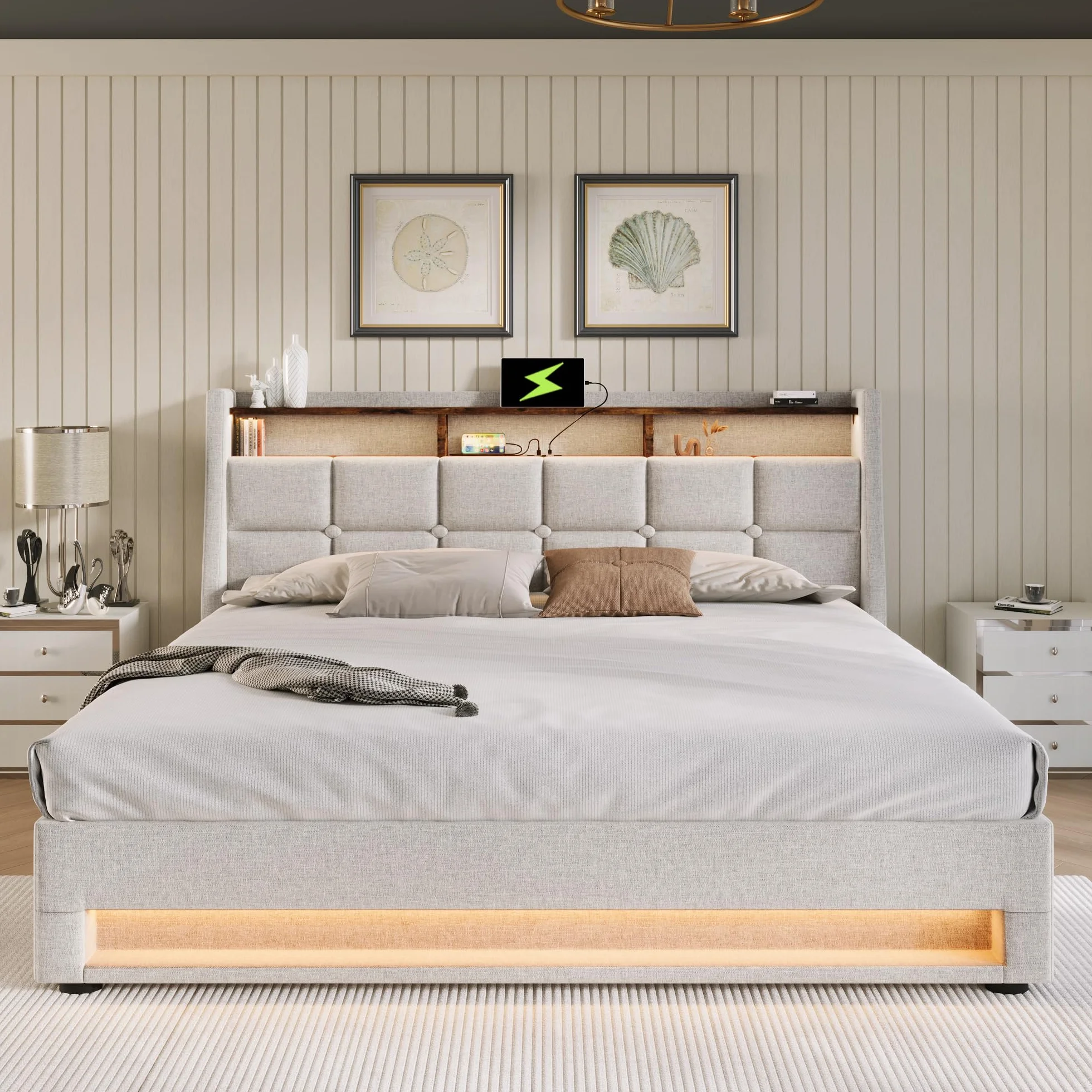 Cama 140x200 cm Cama Matrimonio, Cama Juvenil con Cabecero LED y Carga USB, Camas Matrimoniales con Almacenaje Hidráulico, Estructura Cama Doble con Lamas de Madera, Lino Beige, Sin Colchón