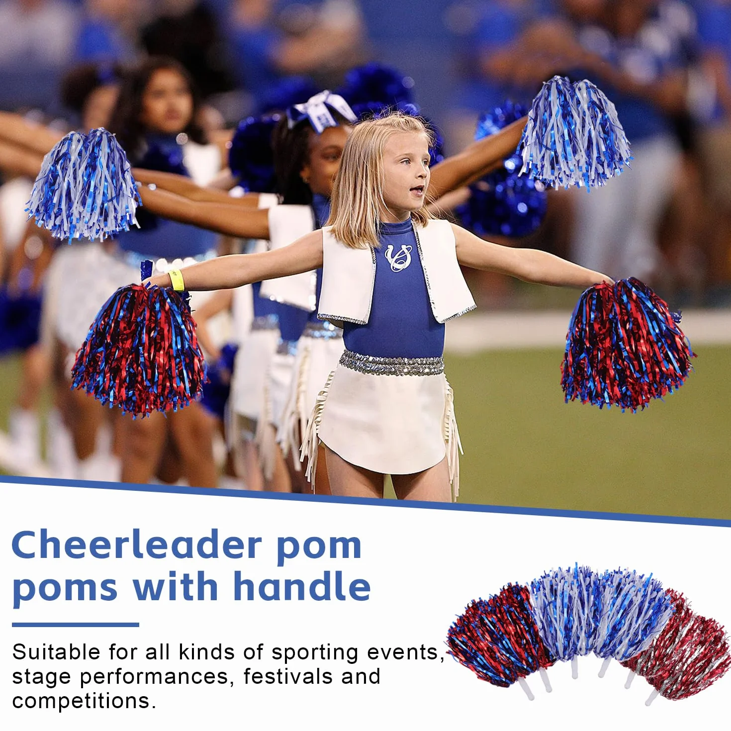 Pompones Animadora 6 Piezas con Asa Azul y Blanco Rojo y Plata Rojo y Azul para Eventos Deportivos