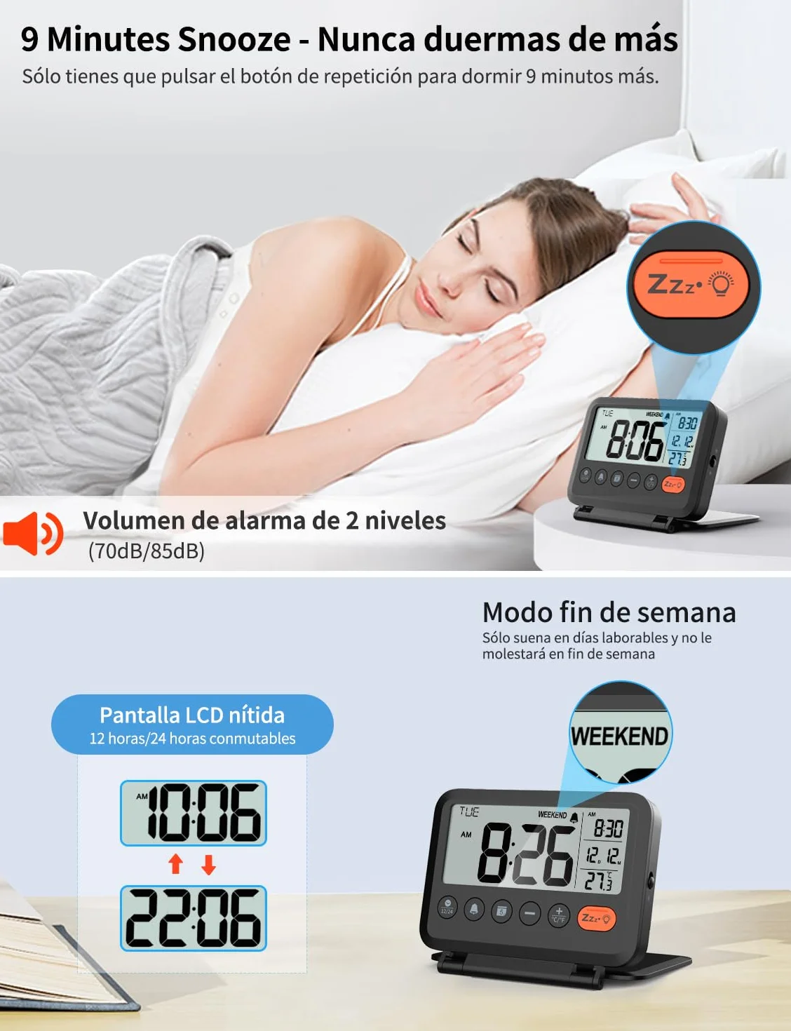 Reloj Despertador Digital de Viaje LCD con Fecha, Temperatura, 12/24H, 2 Volúmenes, Plegable